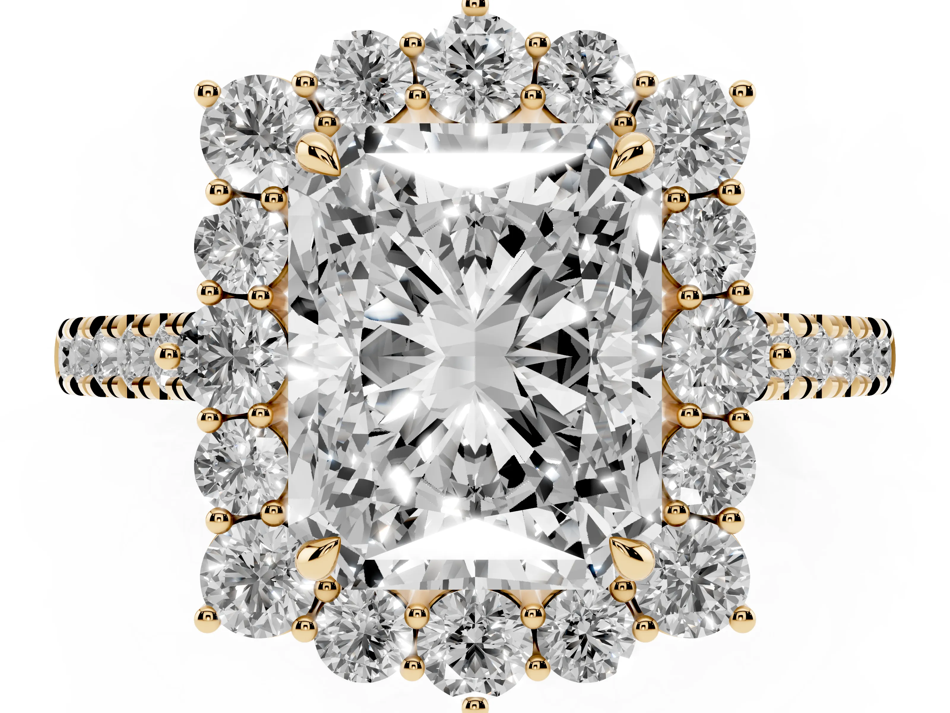 Radiant Cut Diamond Halo Ring Set in Yellow gold with Pavé Band and Prong Setting