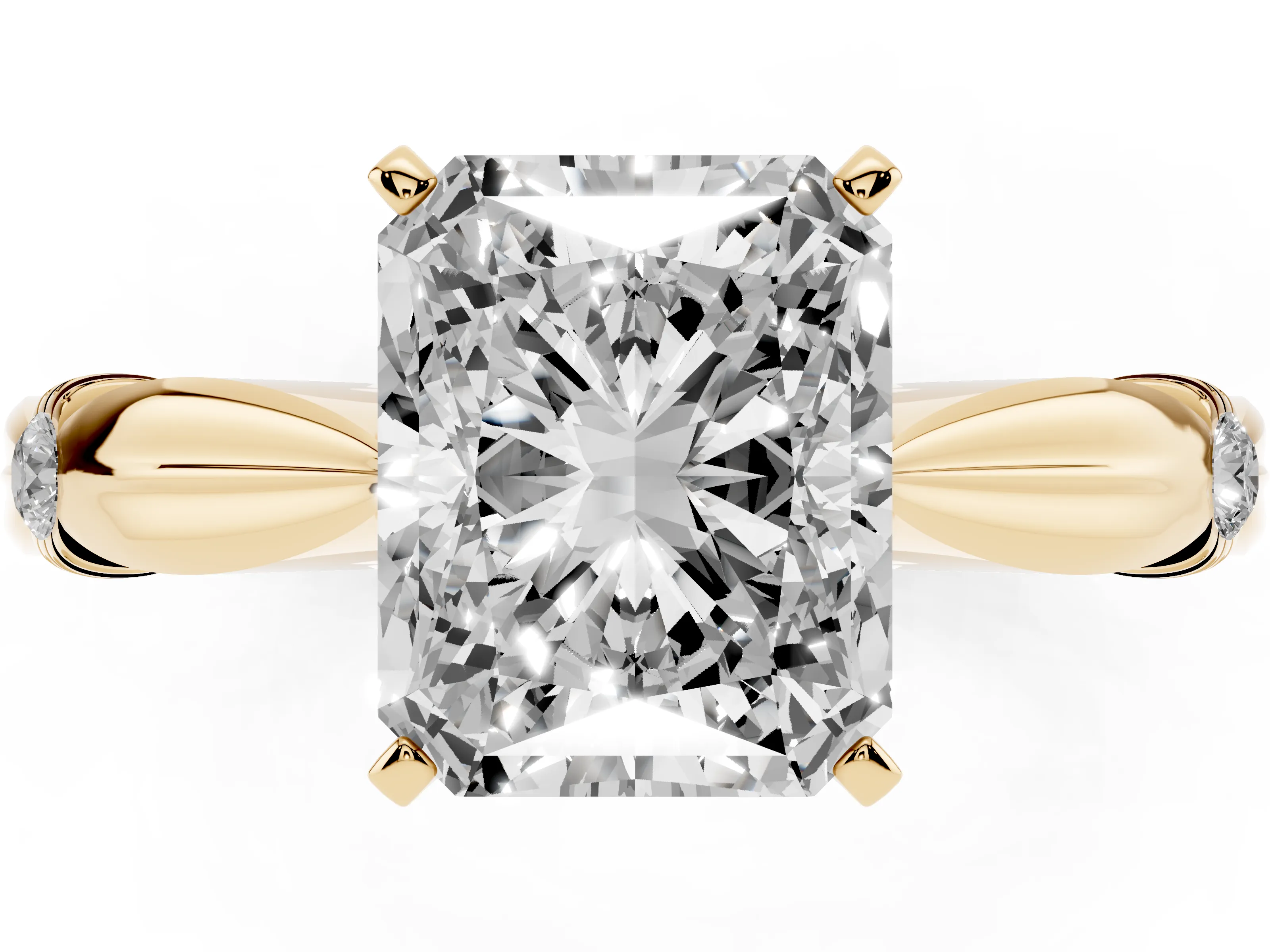 Radiant Cut Diamond Solitaire Twisted Band Ring Set in Yellow gold with Accent Stones and Prong Setting
