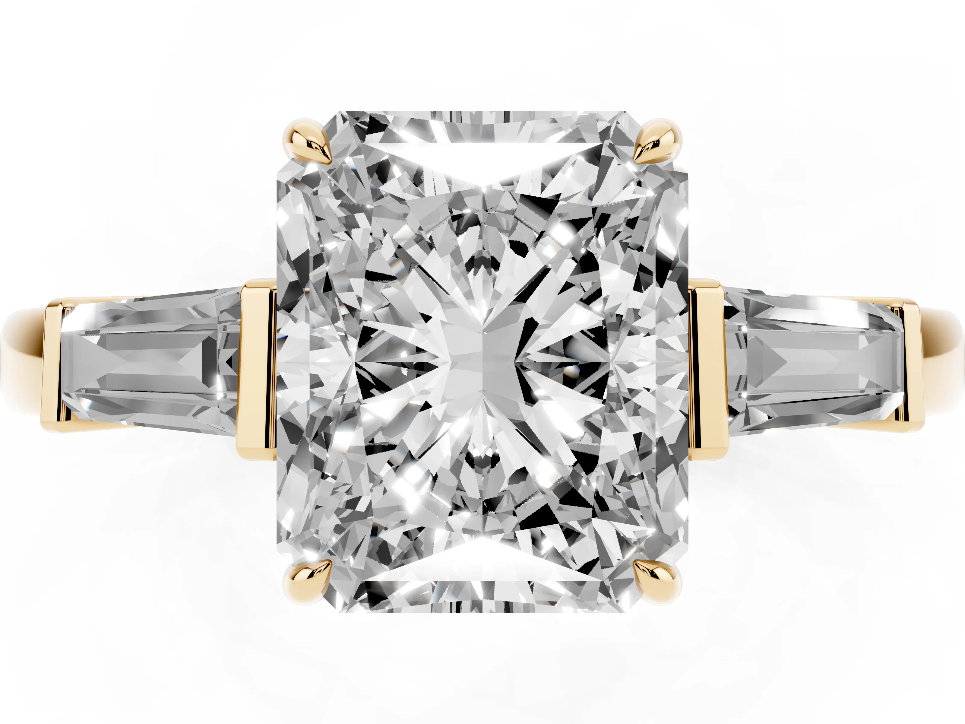 Radiant Cut Diamond Three-Stone Ring Set in Yellow gold with Tapered Baguette Side Stones and Prong Setting
