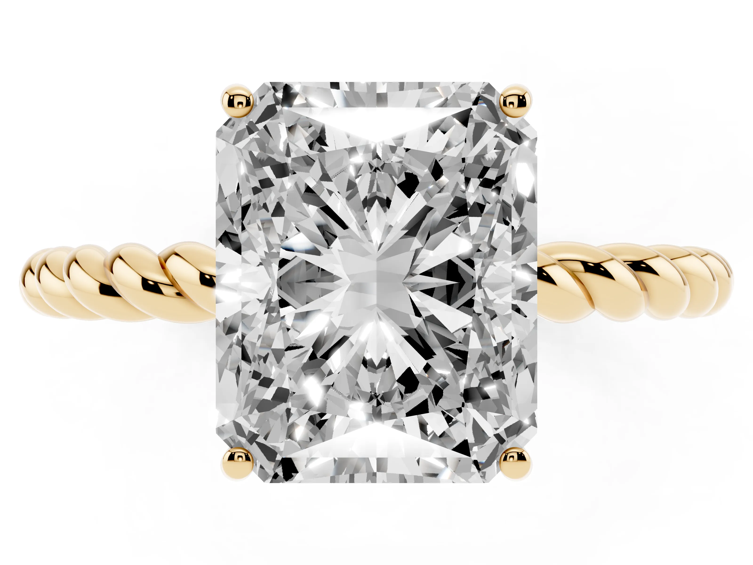 Radiant Cut Diamond Solitaire Ring Set in Yellow gold with Twist Band and Prong Setting