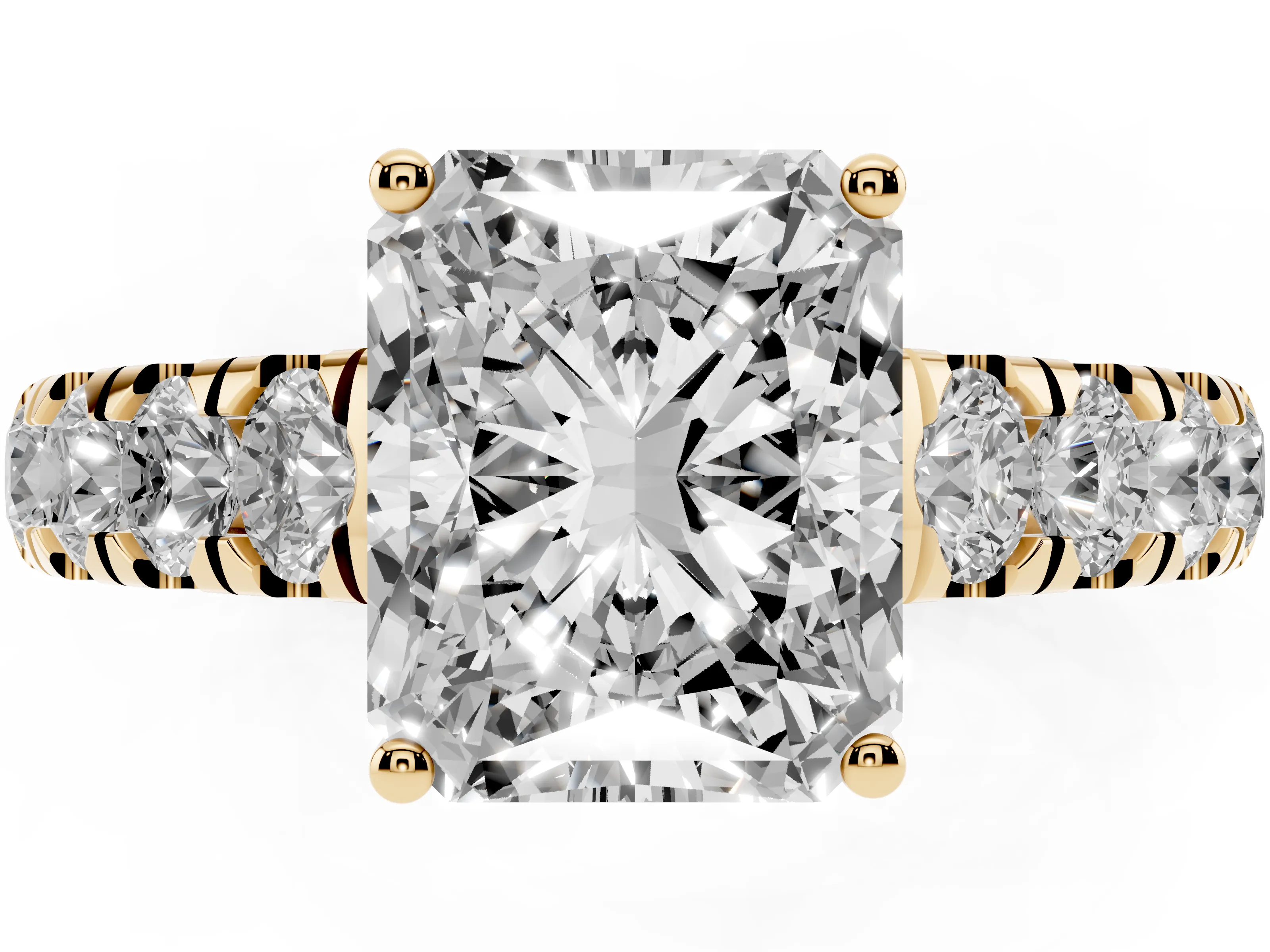 Radiant Cut Diamond Solitaire Ring Set in Yellow gold with Cut-Down Micro Pavé Band and Prong Setting