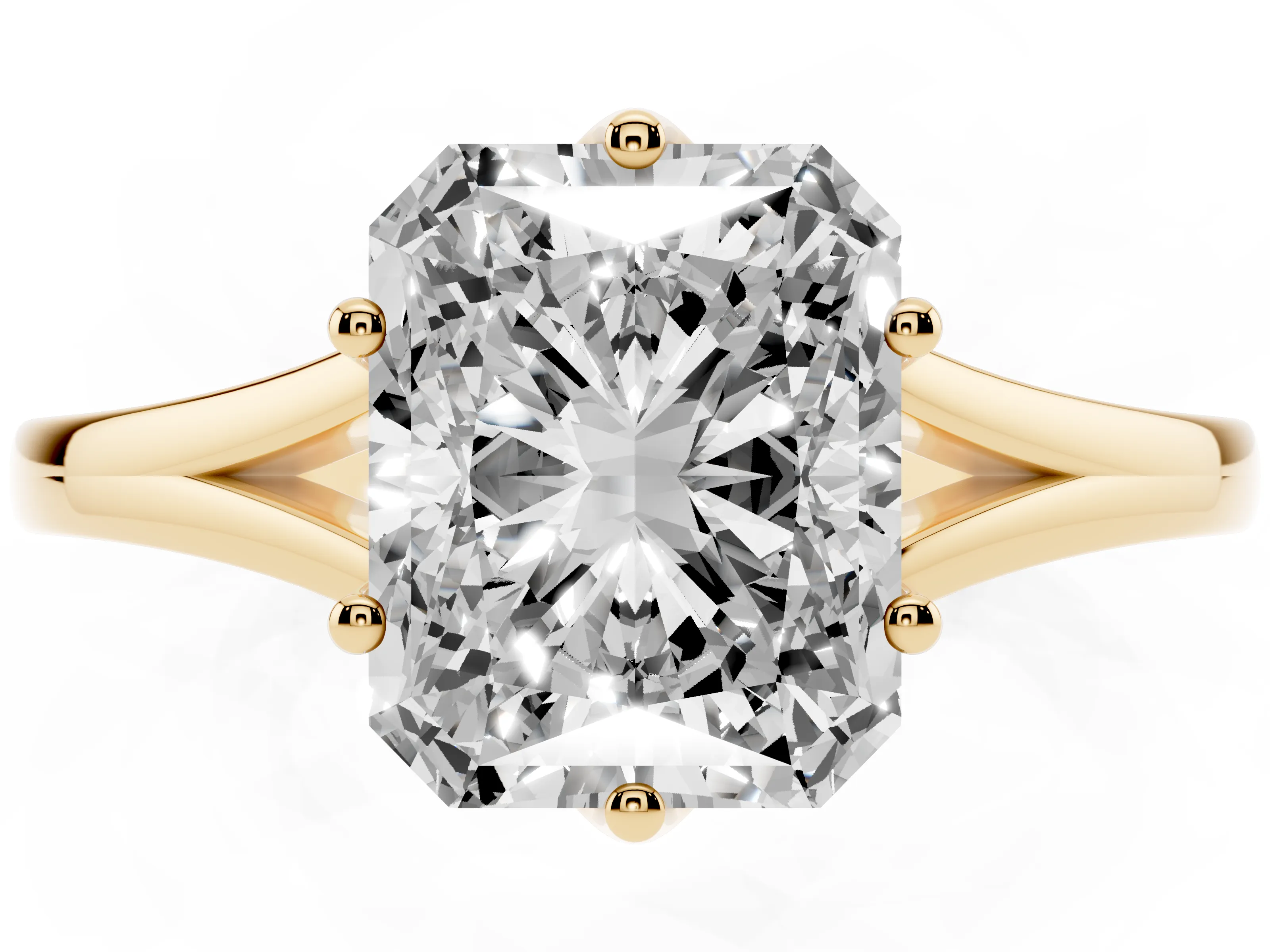 Radiant Cut Diamond Solitaire Ring Set in Yellow gold with Polished Tapered Band and Prong Setting