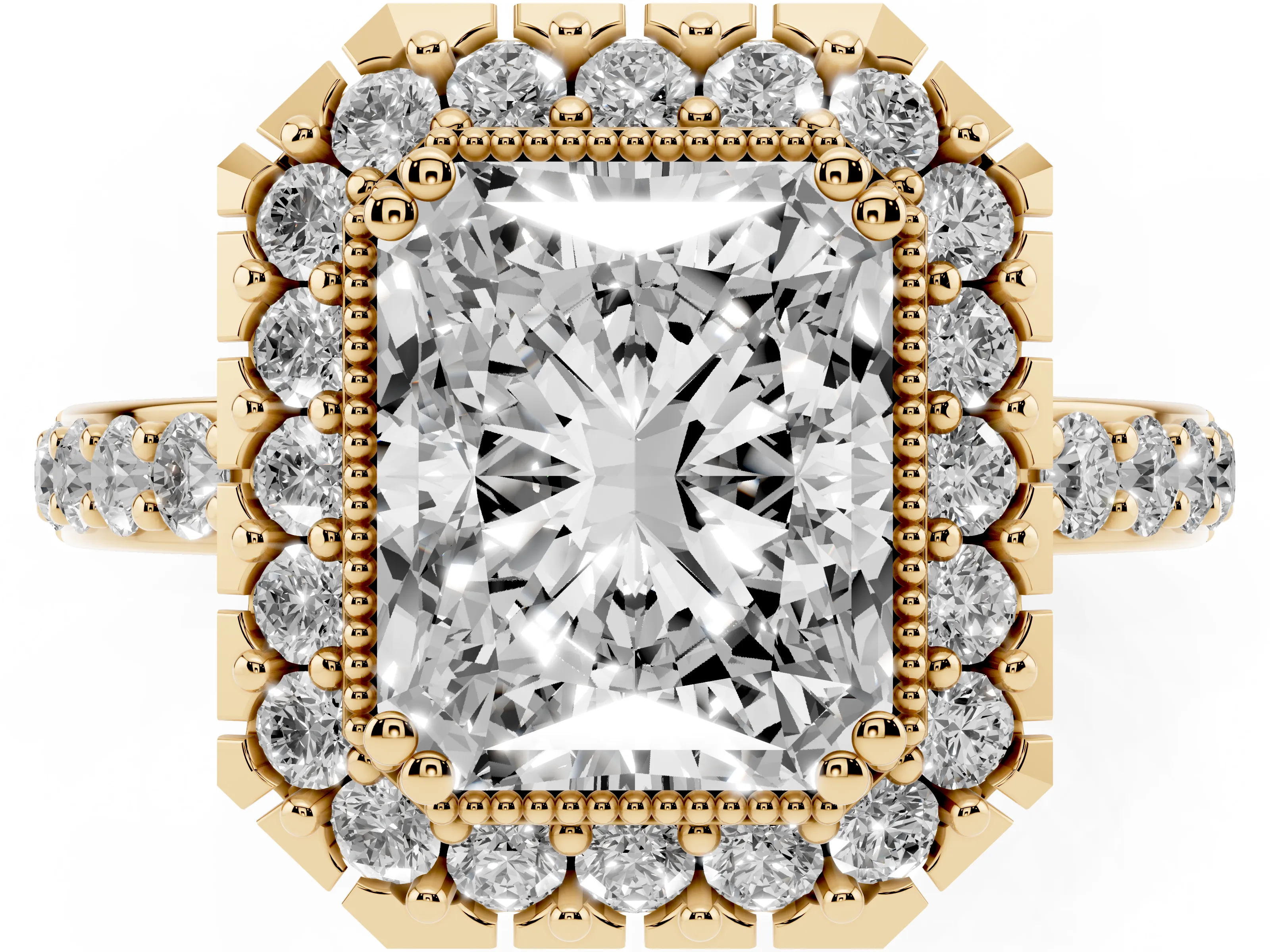 Radiant Cut Diamond Halo Ring Set in Yellow gold with Pavé Shank and Prong Setting