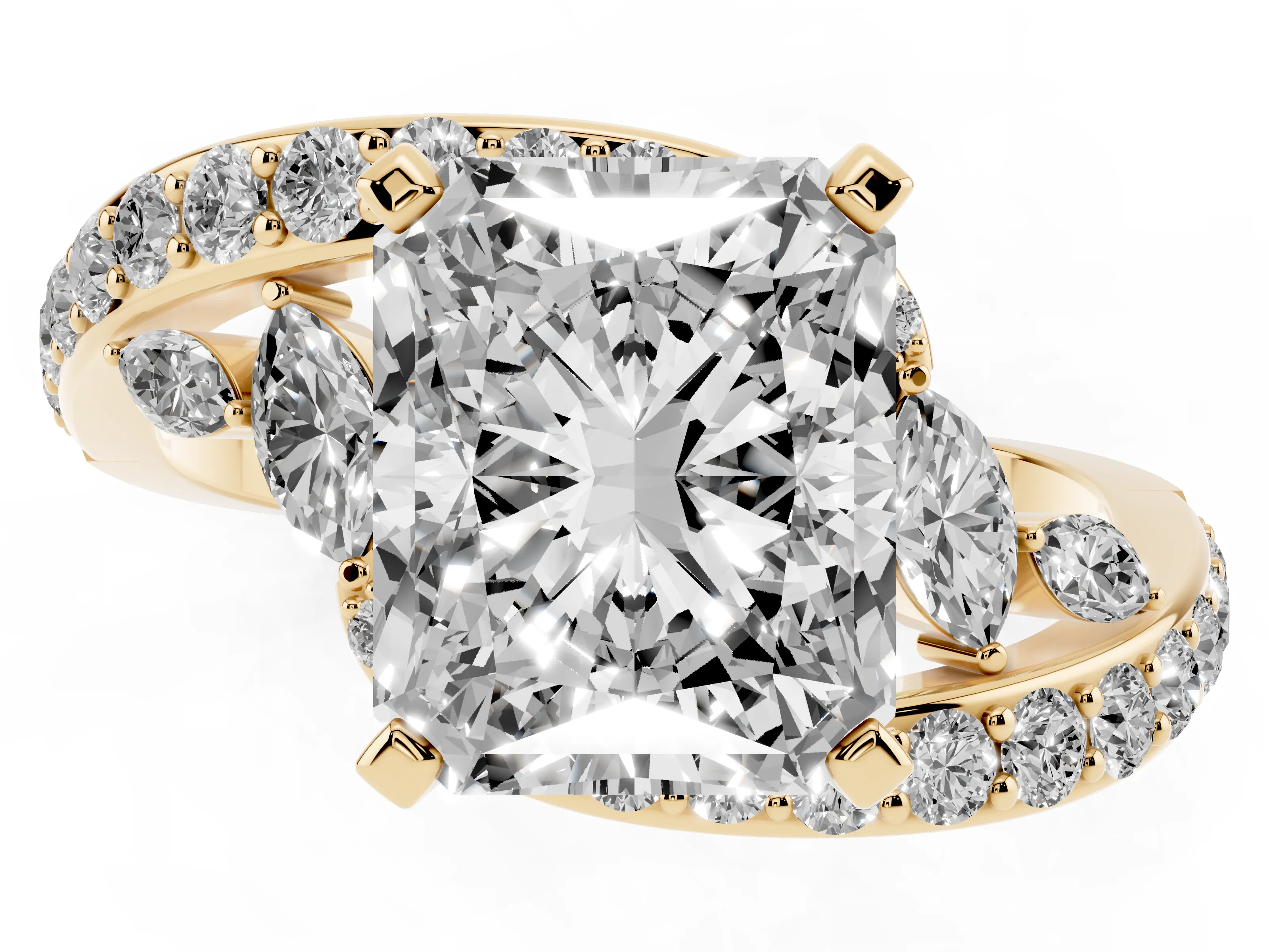 Radiant Cut Diamond Solitaire Ring Set in Yellow gold with Pavé Twist Band and Secure Prong Setting