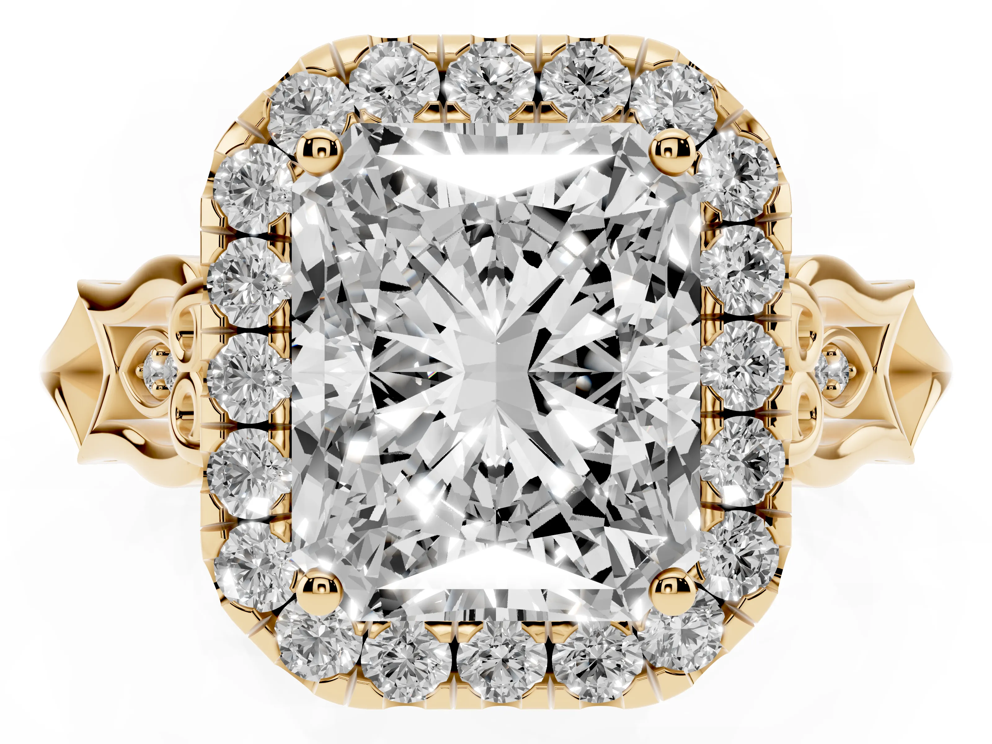 Radiant Cut Diamond Halo Engagement Ring Set in Yellow gold with Filigree Band and Prong-Set Center