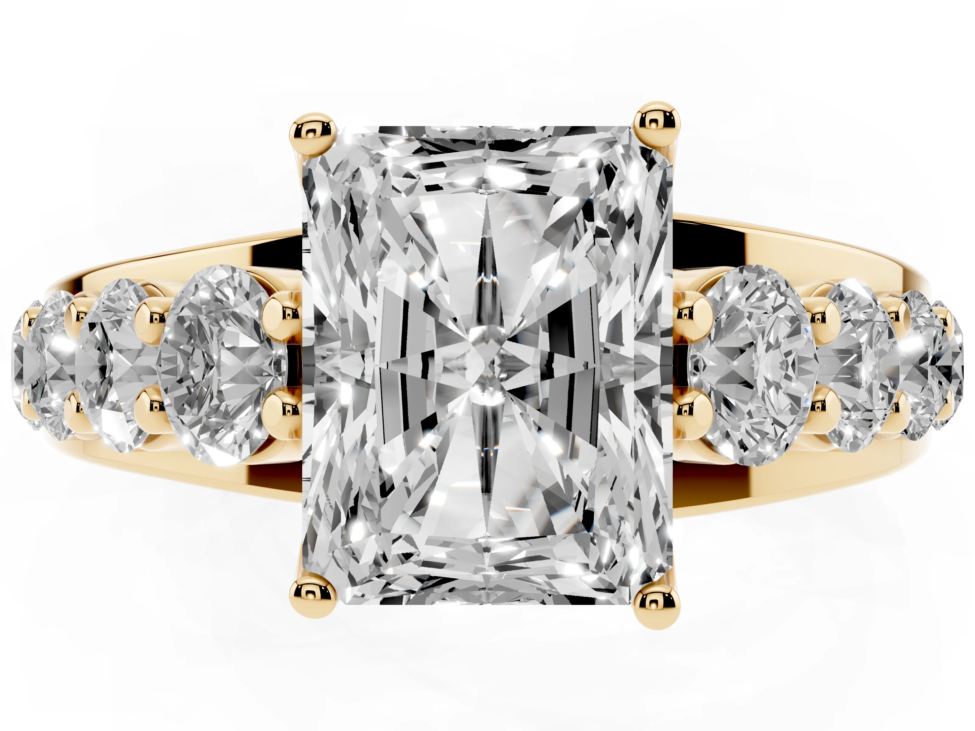 Radiant Cut Diamond Pavé Engagement Ring Set in Yellow gold with Prong Setting
