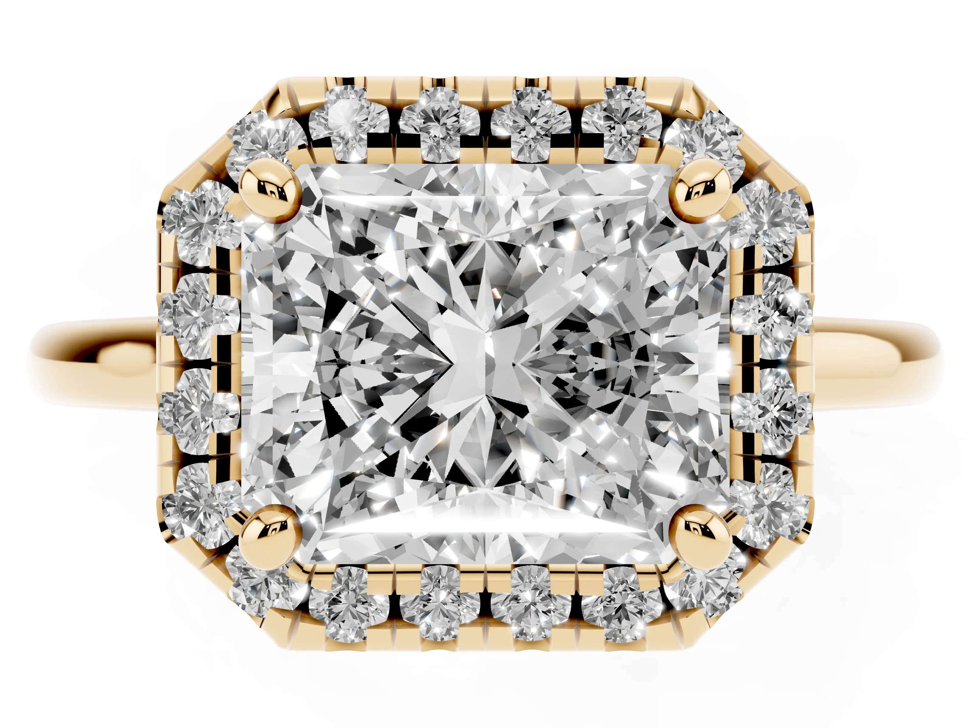 Radiant Cut Diamond Halo Engagement Ring Set in Yellow gold with Pavé Band and Rising Shoulders