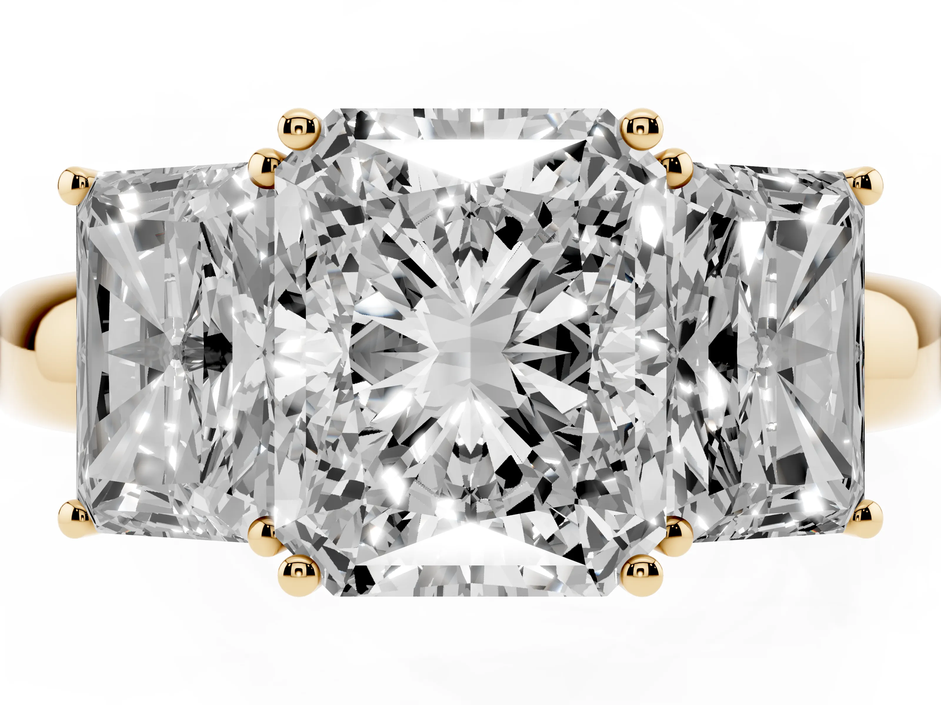 Radiant Cut Diamond Three-Stone Ring Set in Yellow gold with Bold Center and Classic Band
