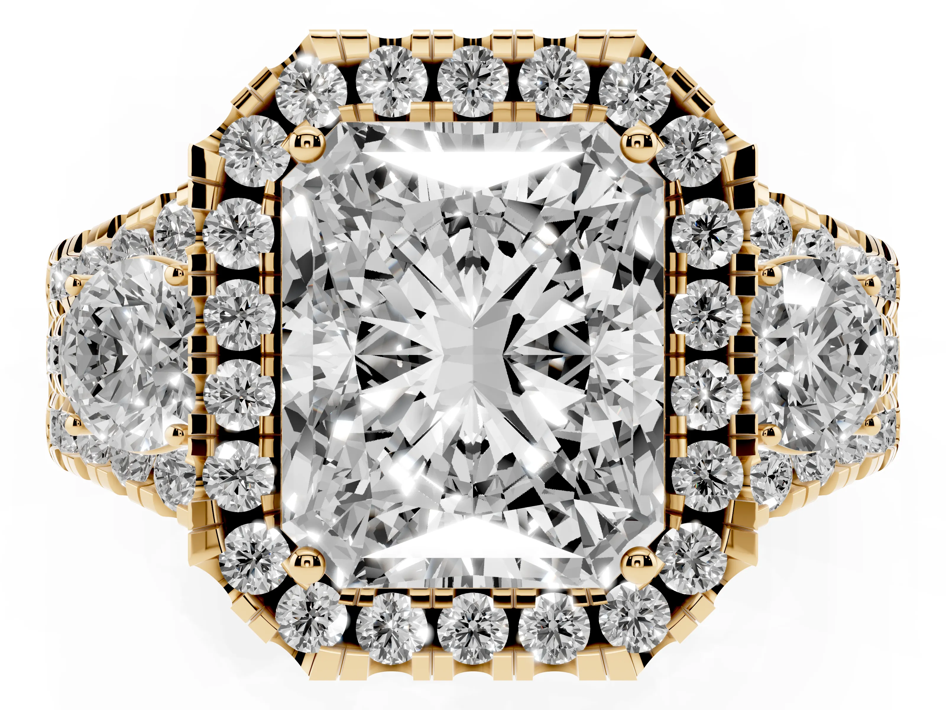 Radiant Cut Diamond Halo Split Shank Ring Set in Yellow gold with Round Accent Stones and Prong Setting