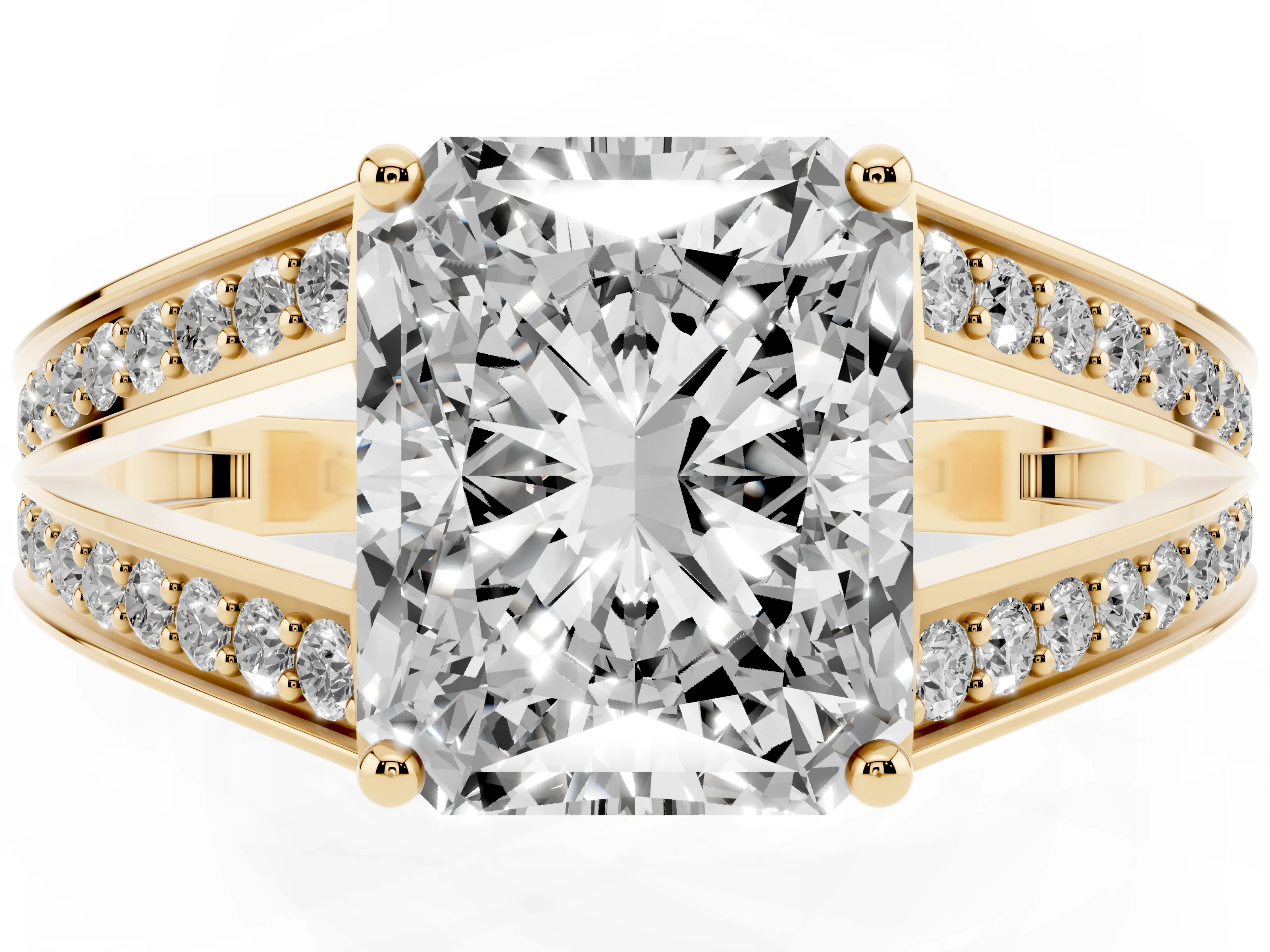 Radiant Cut Diamond Split Shank Ring Set in Yellow gold with Pavé Band and Prong Setting