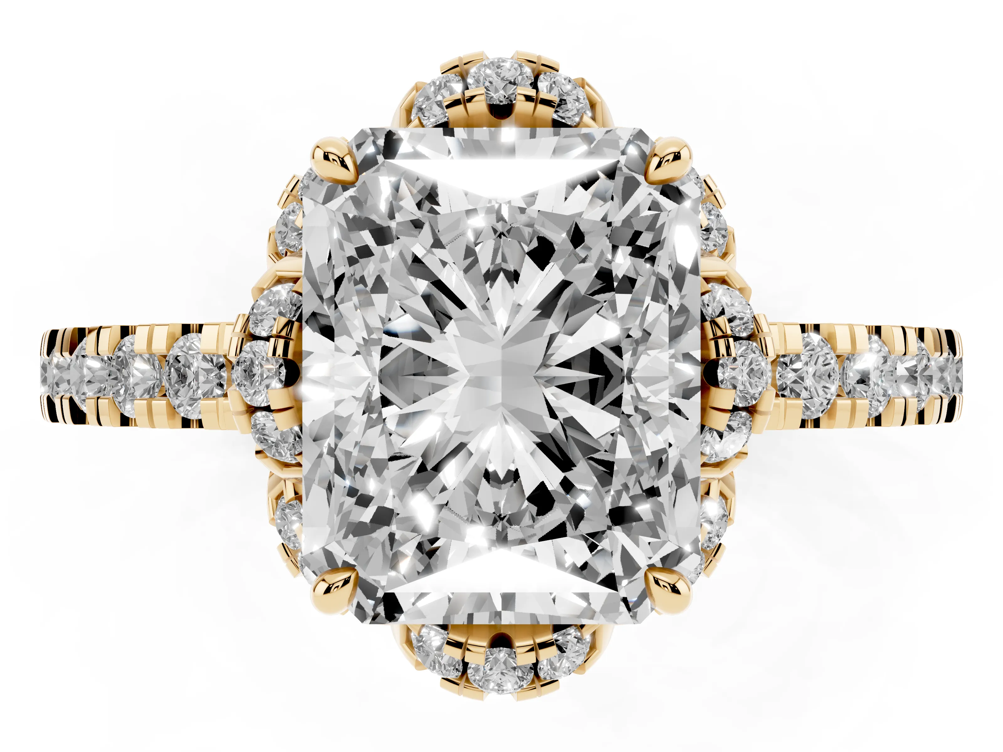 Radiant Cut Diamond Halo Pavé Band Ring Set in Yellow gold with Prong-Held Center