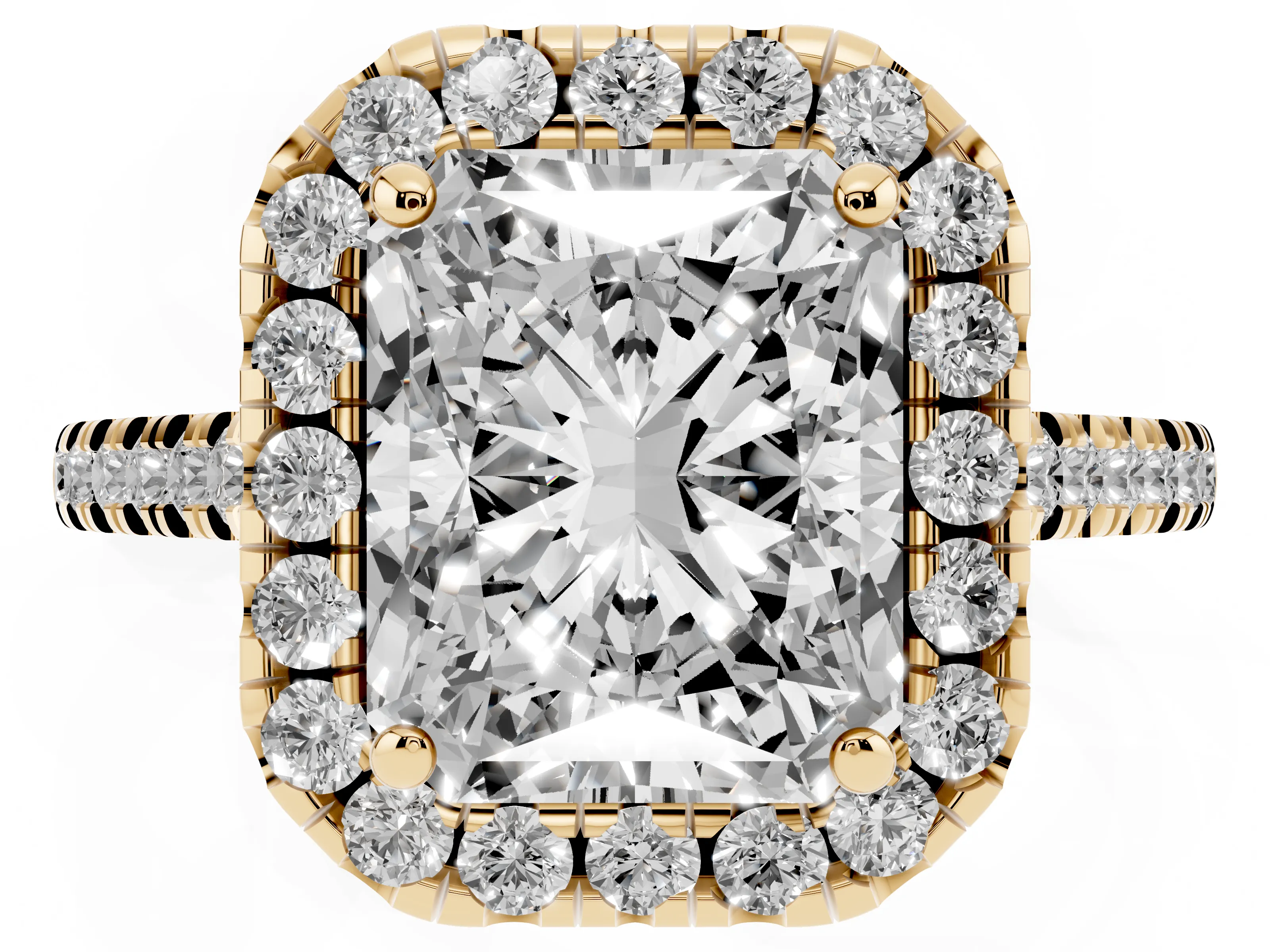 Radiant Cut Diamond Cushion Halo Ring Set in Yellow gold with Pavé Band