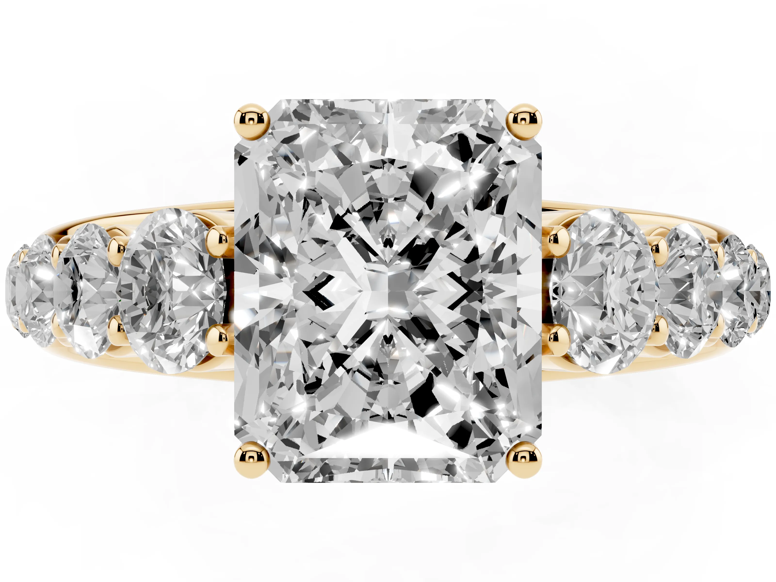 Radiant Cut Diamond Solitaire Ring Set in Yellow gold with Pavé-Set Band and Prong Setting