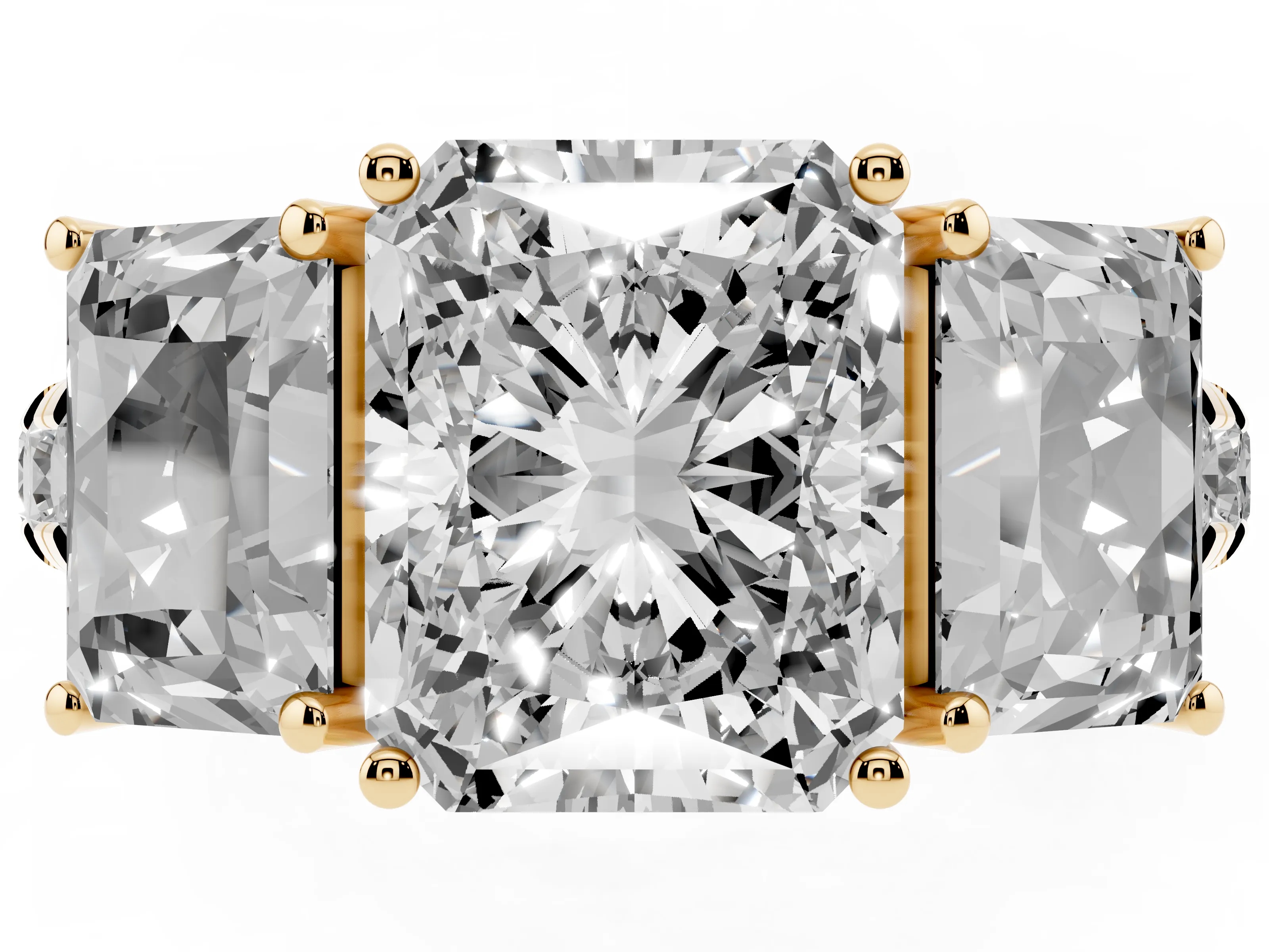 Radiant Cut Diamond Three-Stone Ring Set in Yellow gold with Pavé Band