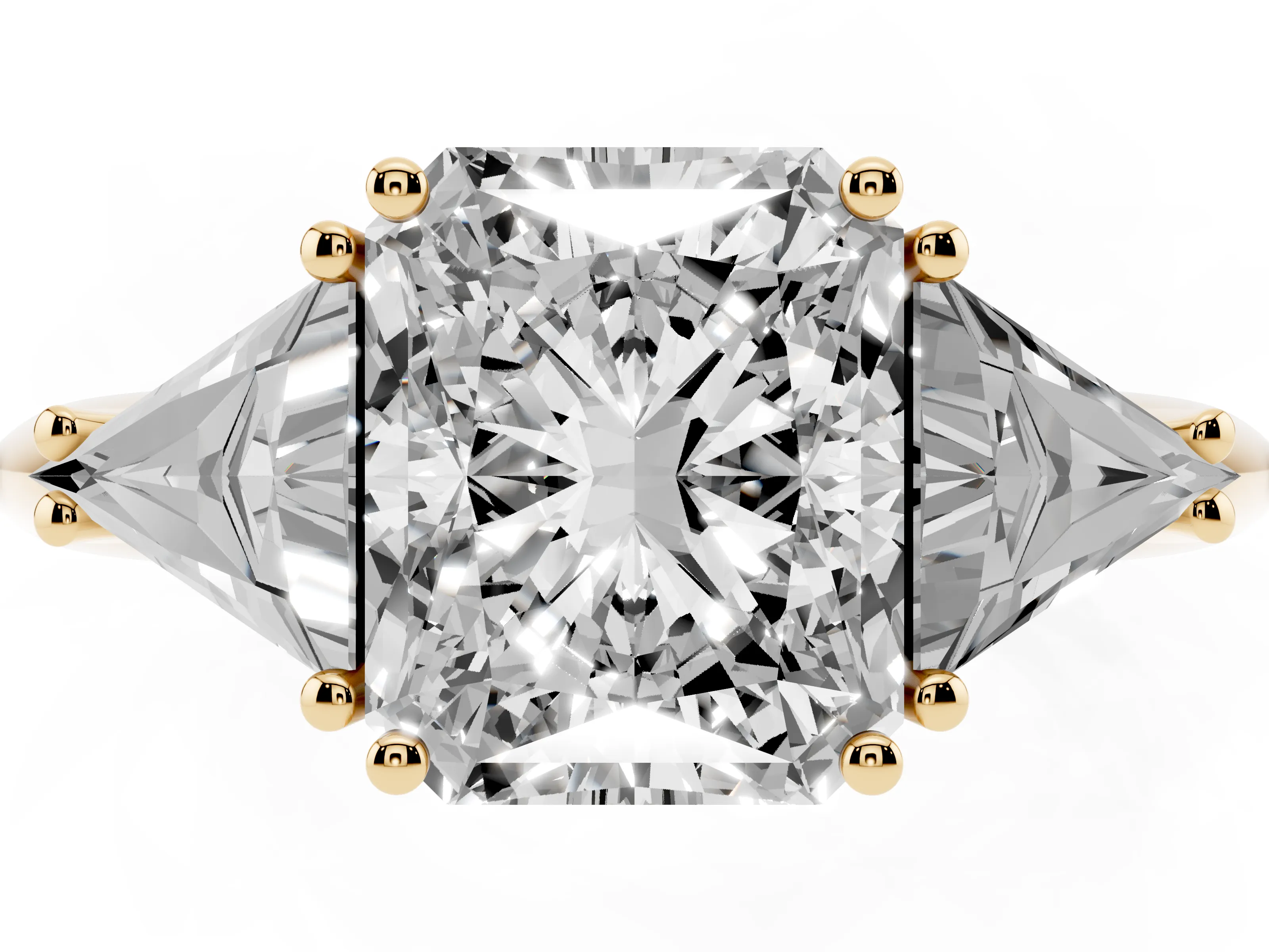 Radiant Cut Diamond Three-Stone Engagement Ring Set in Yellow gold with Trillion Side Stones