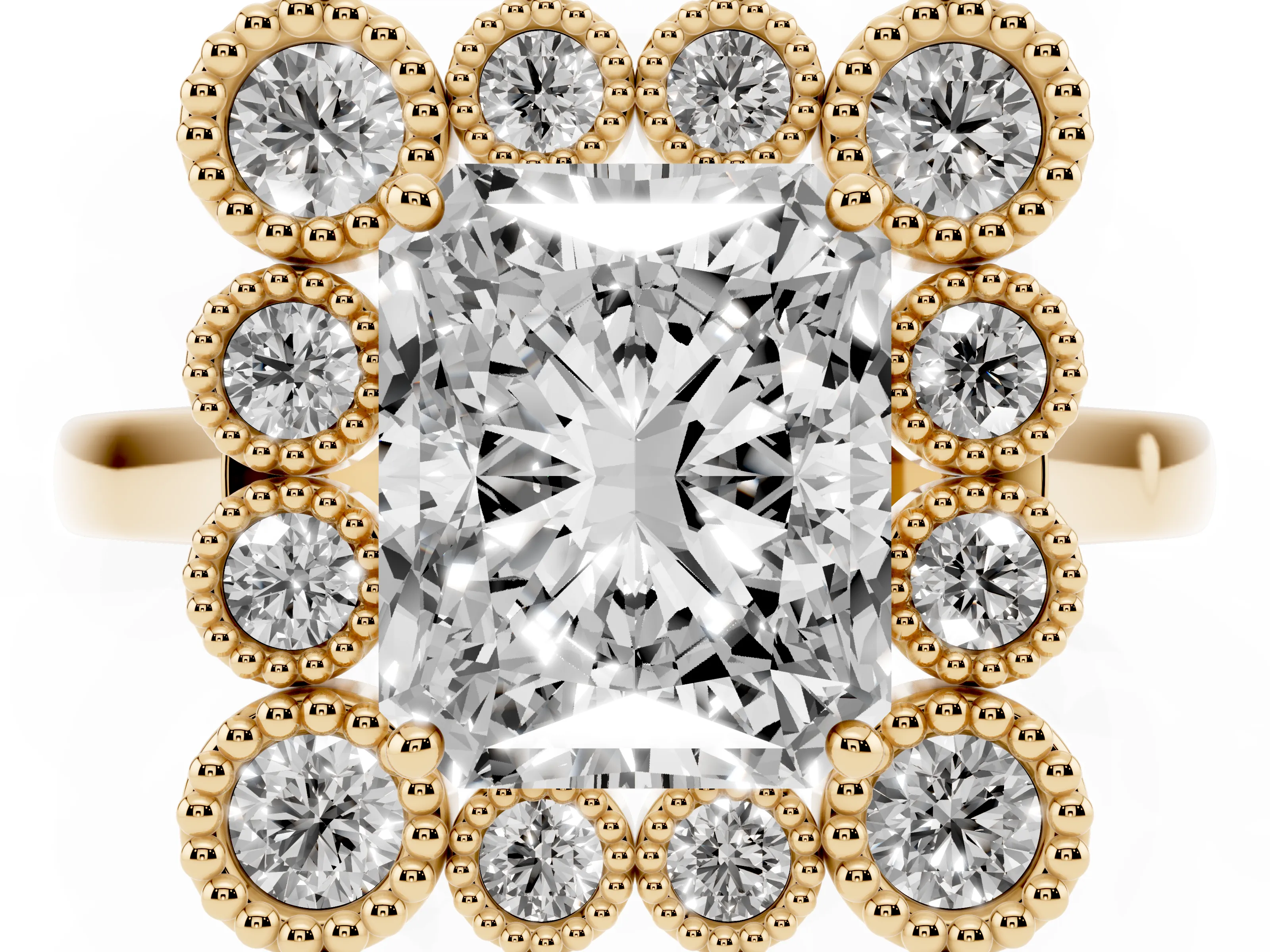 Radiant Cut Diamond Cluster Halo Ring Set in Yellow gold with Milgrain Bezel Accents and Plain Band