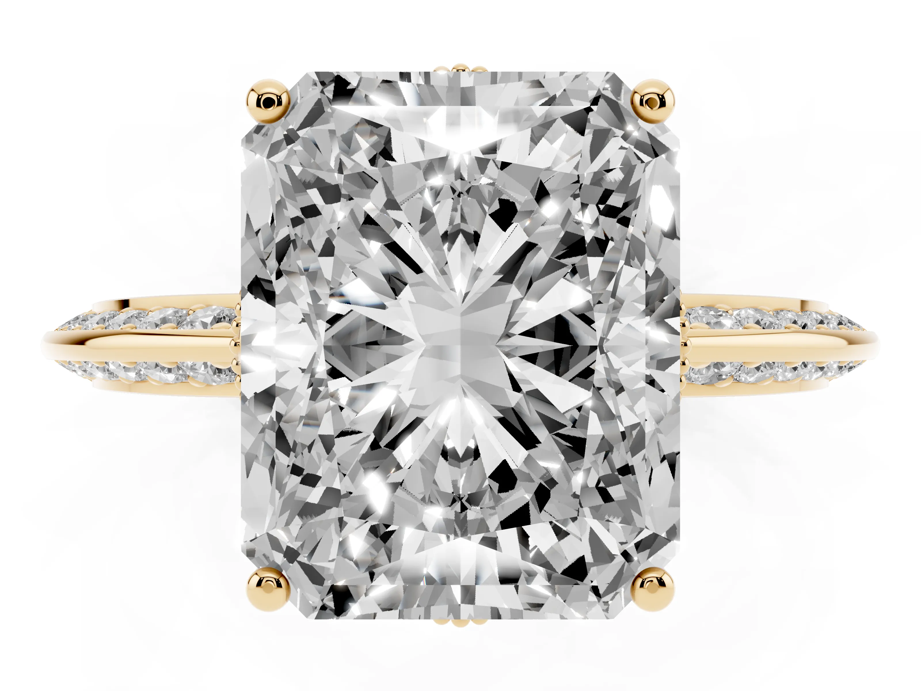 Radiant Cut Diamond Solitaire Engagement Ring Set in Yellow gold with Pavé Split Shank and Prong Setting