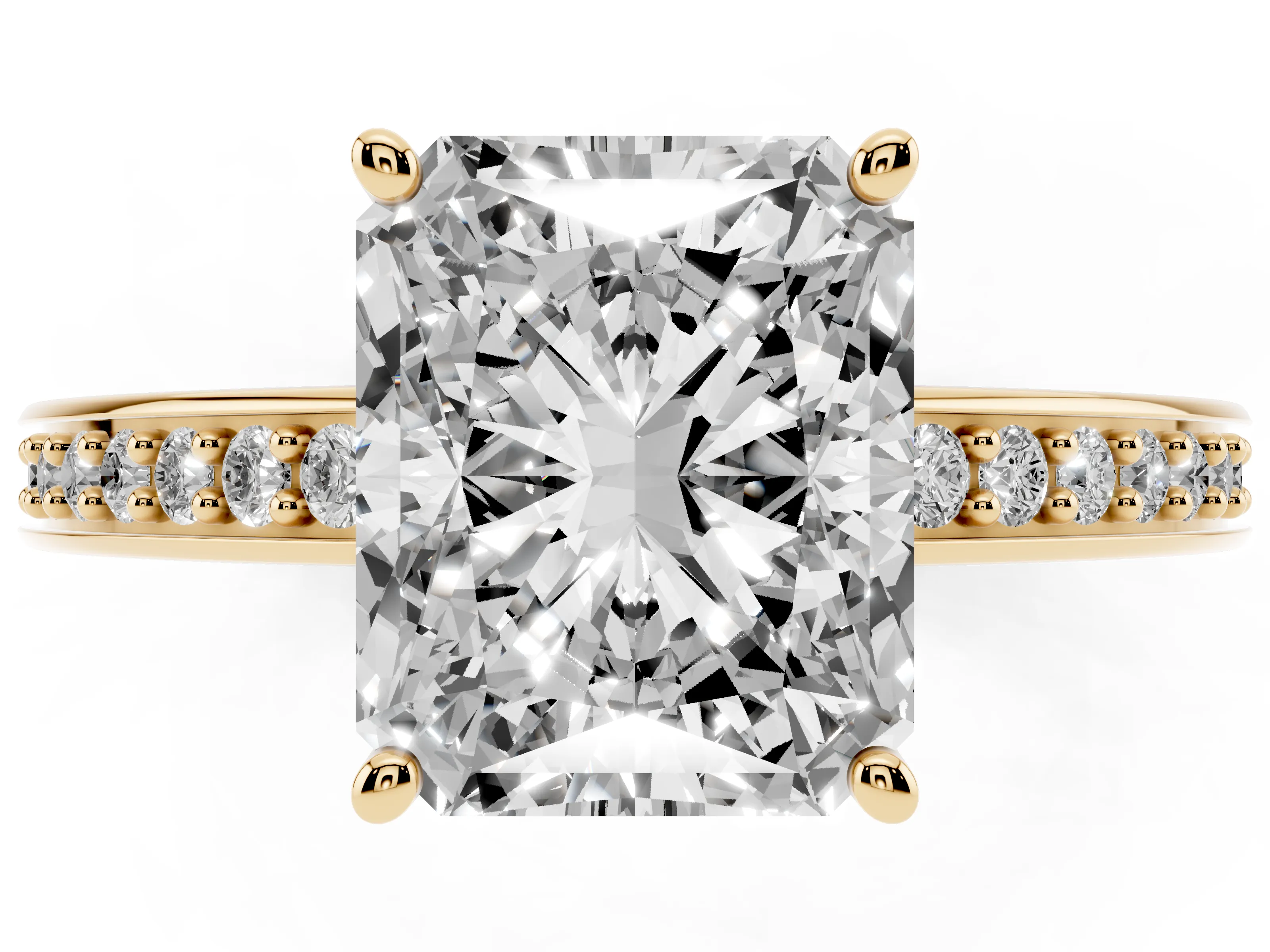 Radiant Cut Diamond Pavé Band Prong Set Solitaire Ring Set in Yellow gold