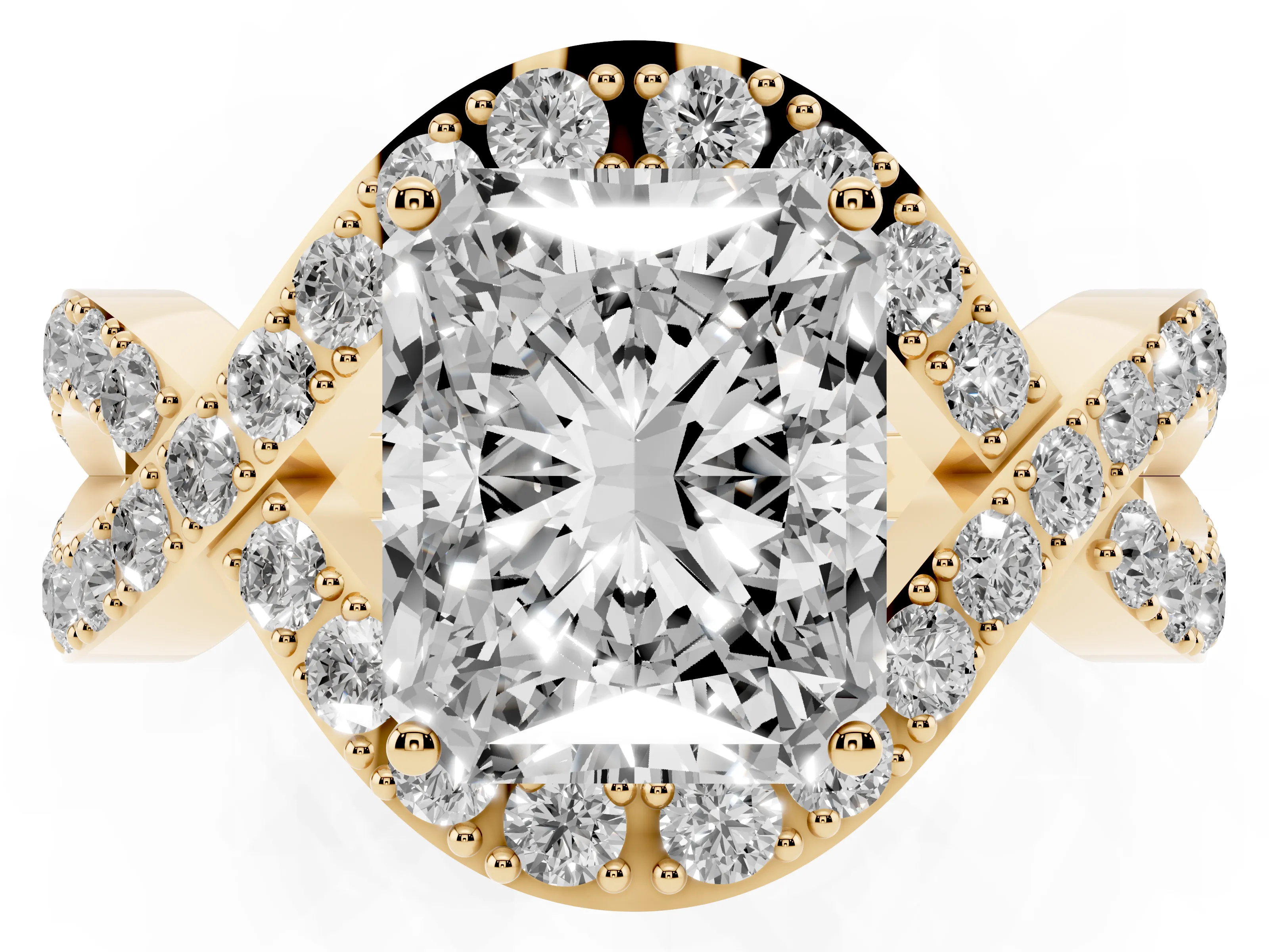 Radiant Cut Diamond Solitaire Twist Band Pavé Engagement Ring Set in Yellow gold