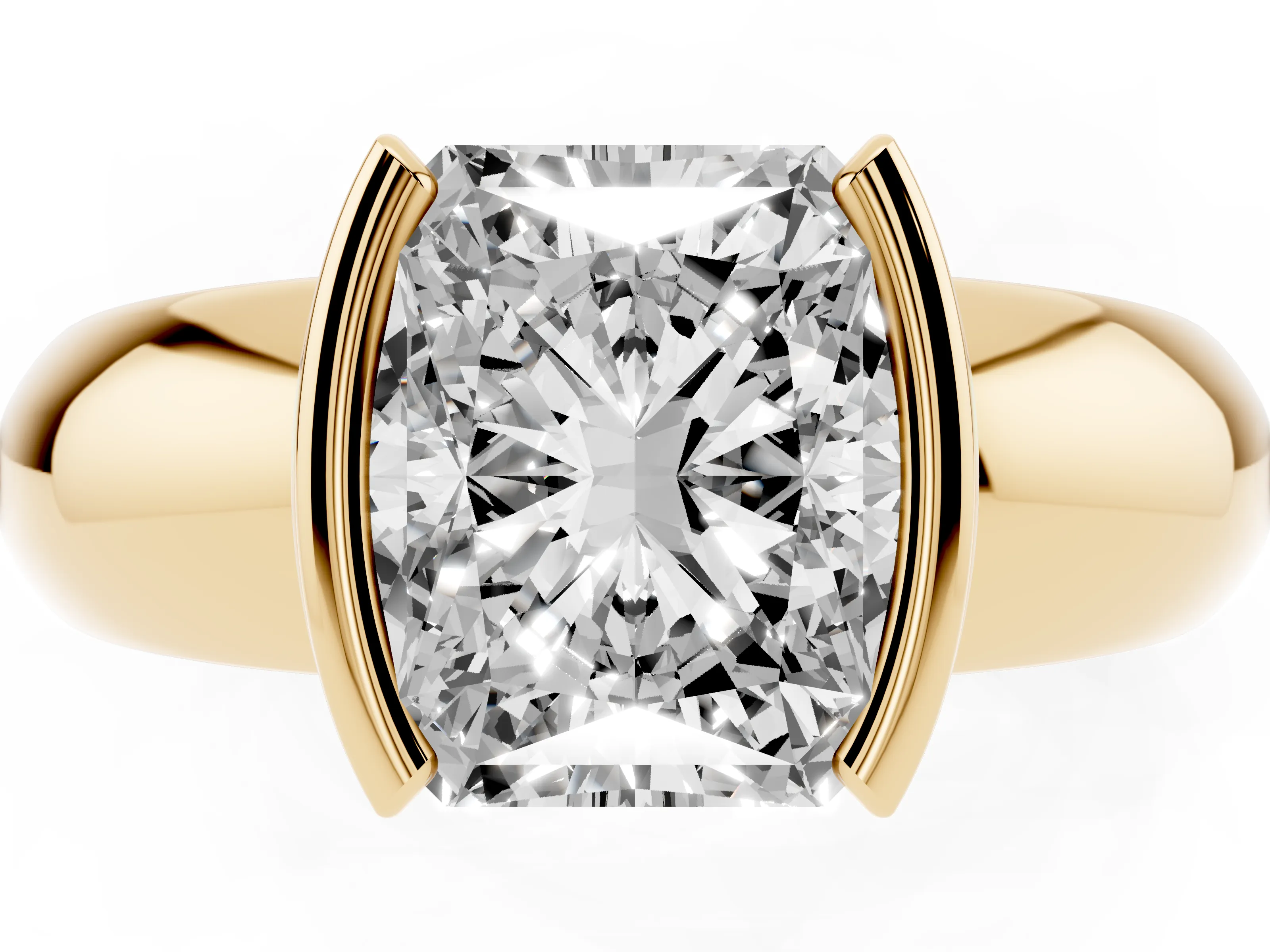 Radiant Cut Diamond Solitaire Tension Set Ring Set in Yellow gold with Wide Band