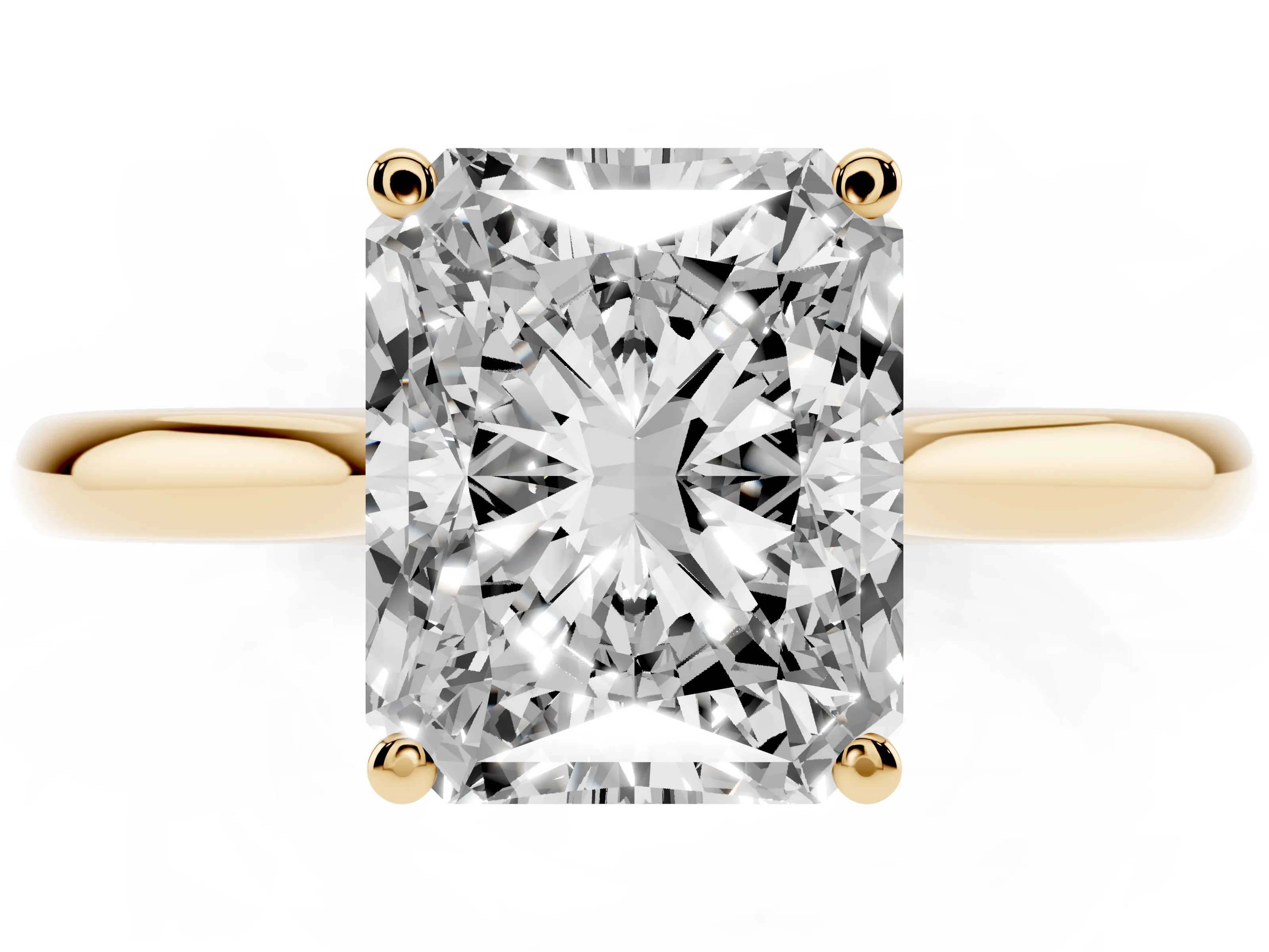 Radiant Cut Diamond Solitaire Ring Set in Yellow gold with Cathedral Band and Prong Setting