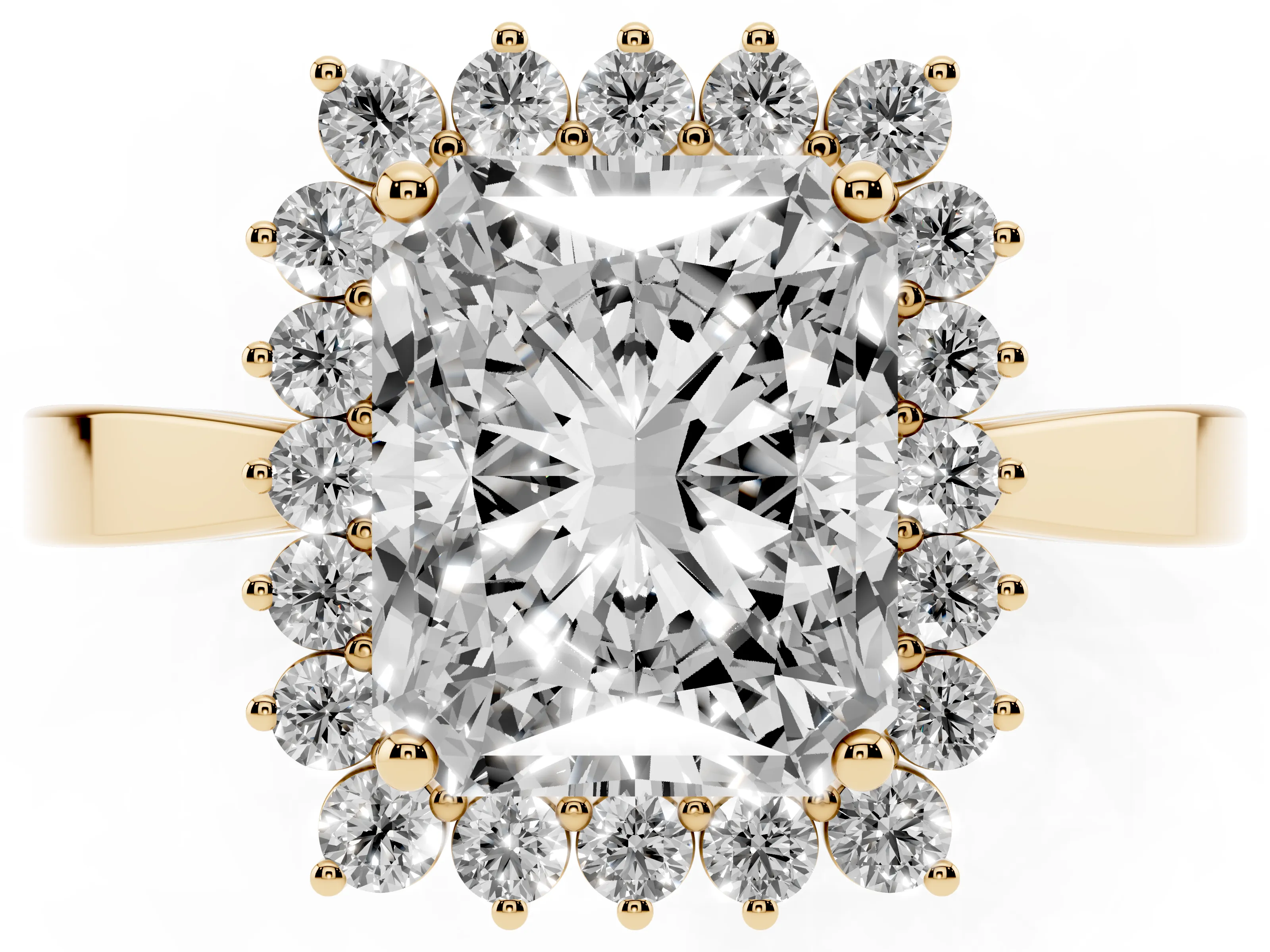 Radiant Cut Diamond Halo Ring Set in Yellow gold with Round Halo and Smooth Solitaire Band