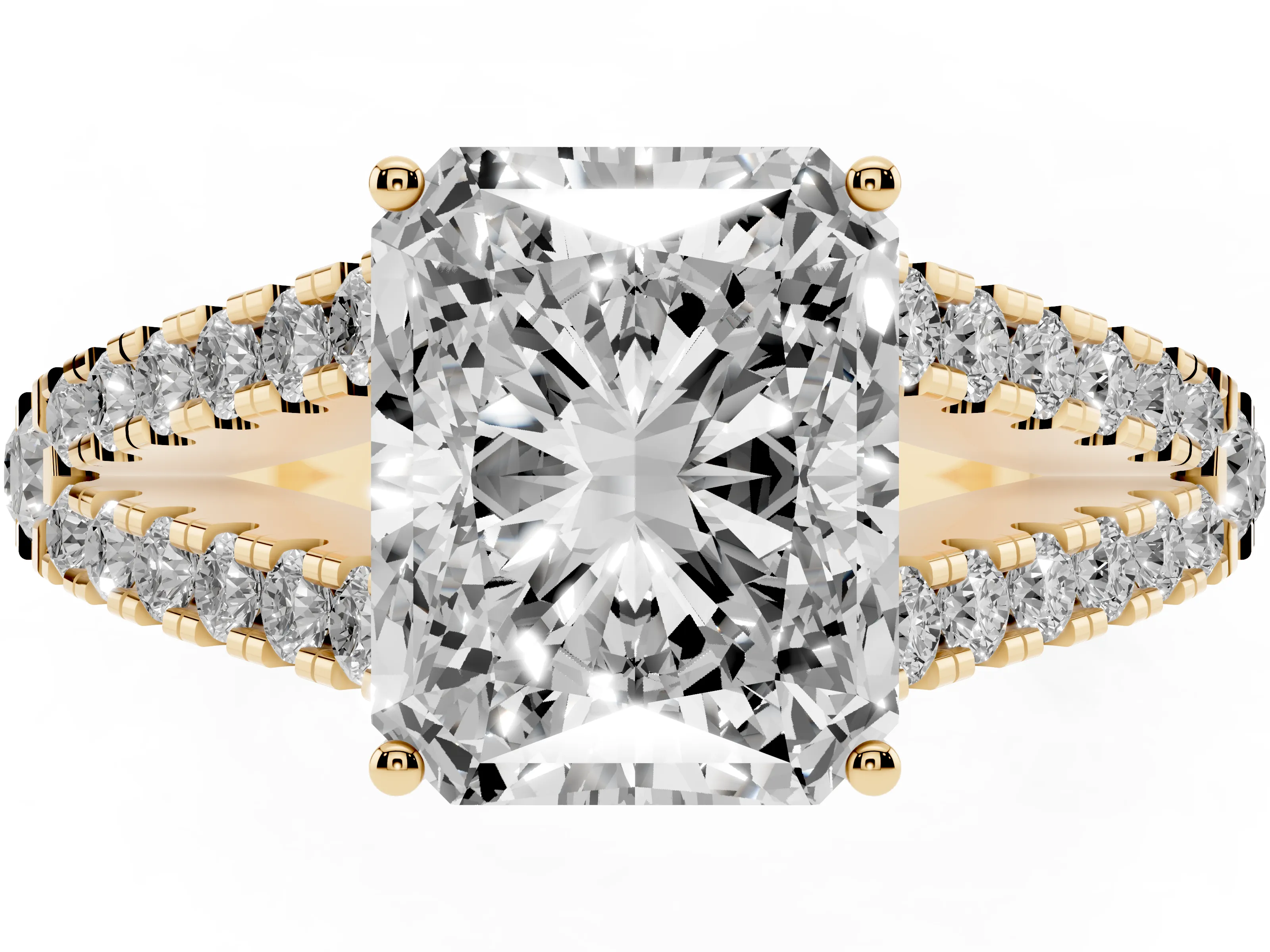 Radiant Cut Diamond Split Shank Pavé Engagement Ring Set in Yellow gold with Prong-Held Center Stone
