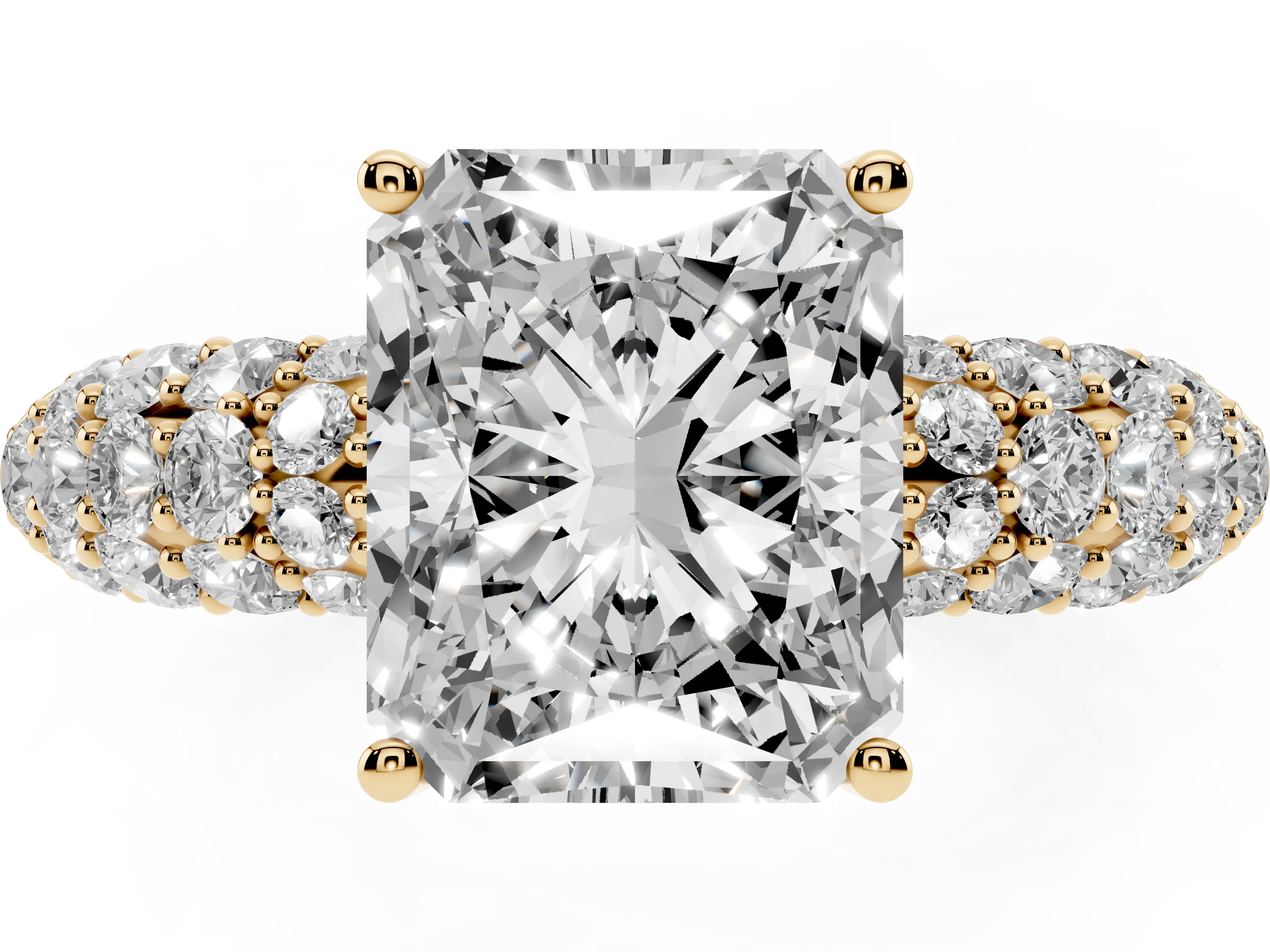 Radiant Cut Diamond Pavé Band Solitaire Ring Set in Yellow gold with Close-Set Accent Stones and Prong Setting