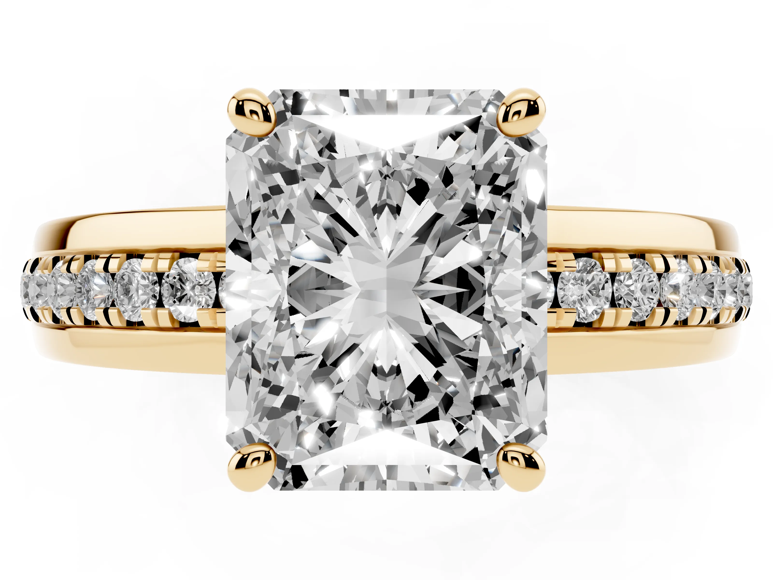Radiant Cut Diamond Solitaire Ring Set in Yellow gold with Channel Set Band and Prong Setting