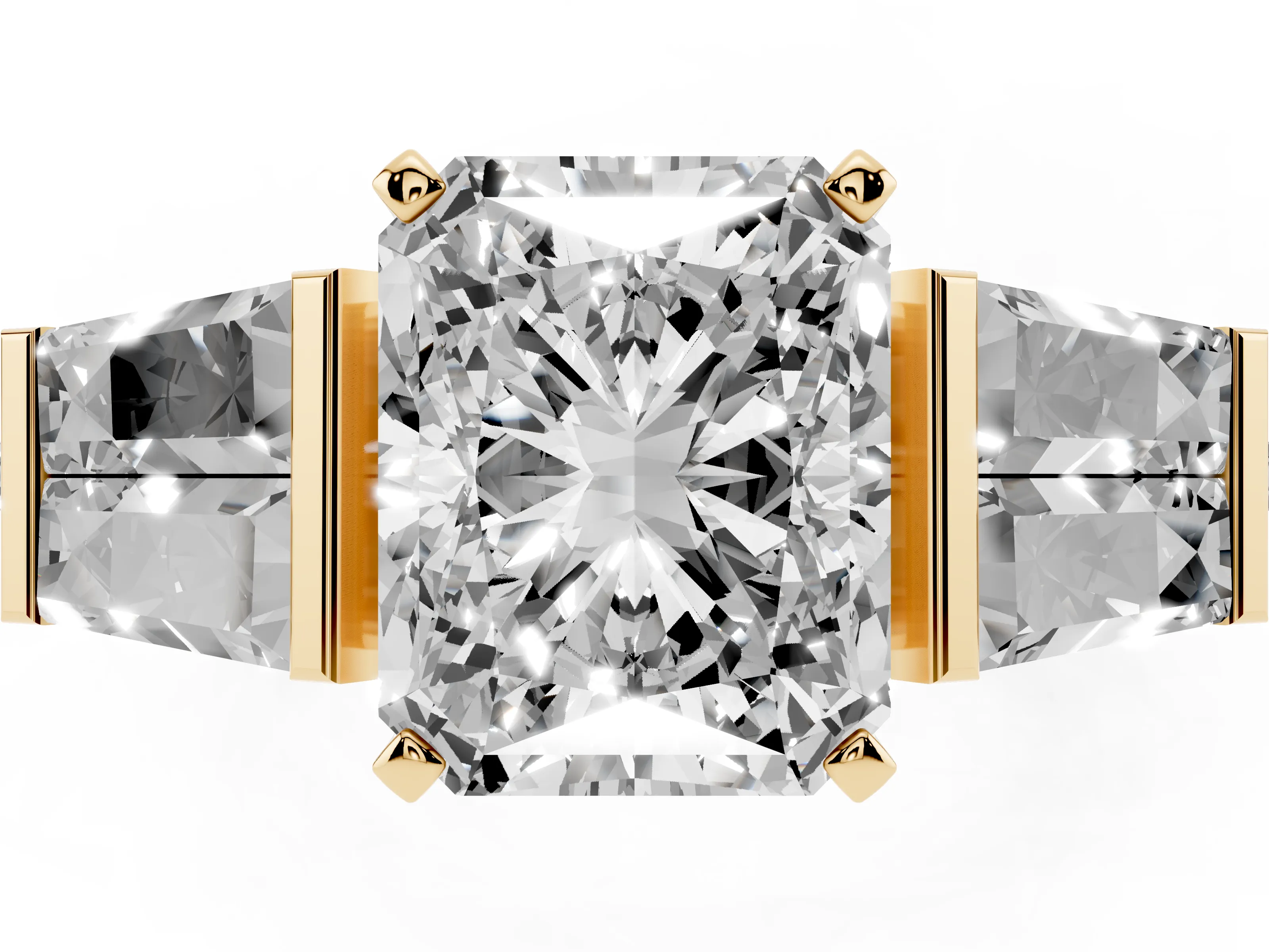 Radiant Cut Diamond Engagement Ring Set in Yellow gold with Baguette Side Stones and Channel Set Band
