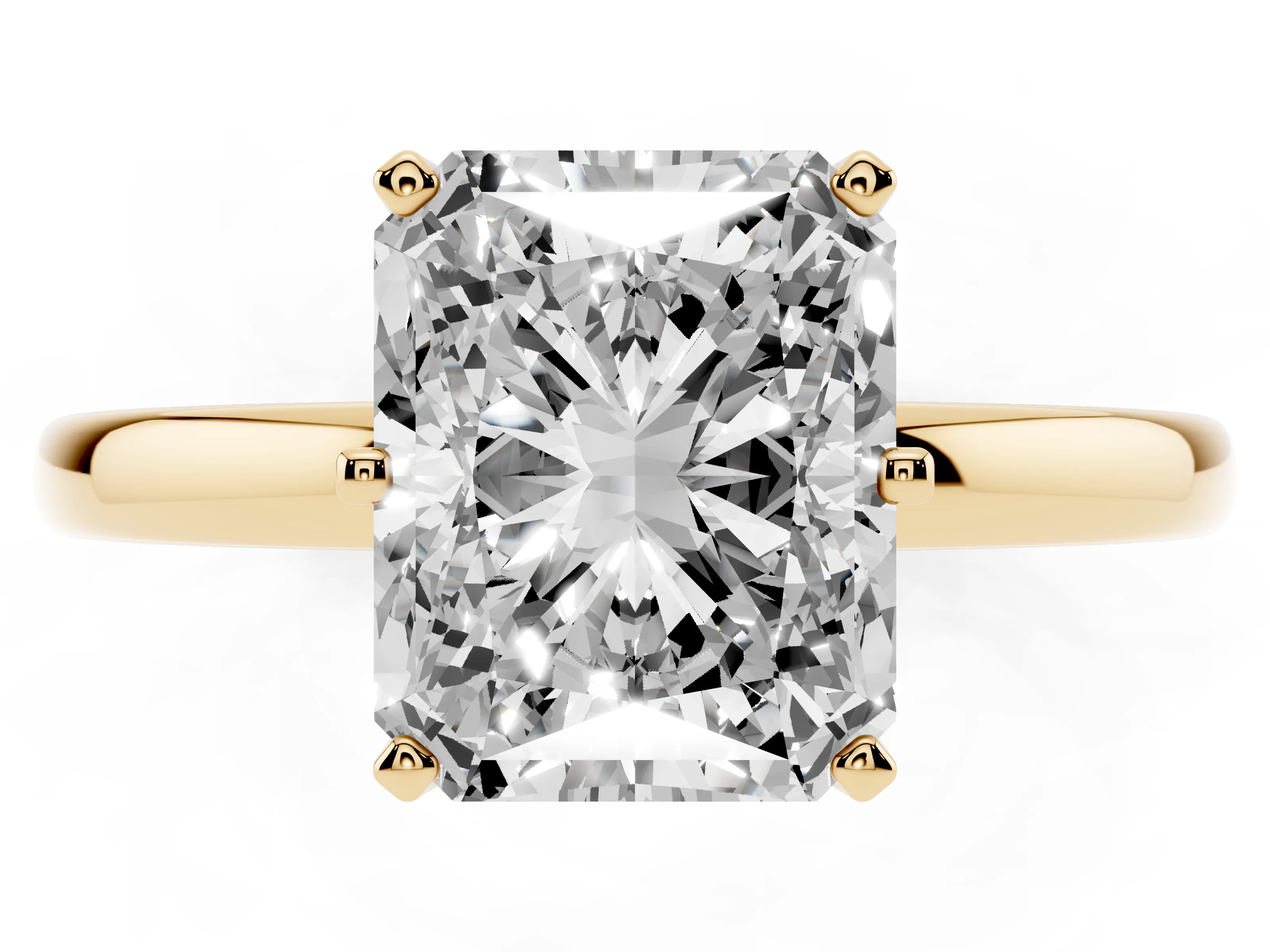 Radiant Cut Diamond Solitaire Ring Set in Yellow gold with Raised Prong Setting on a Classic Band