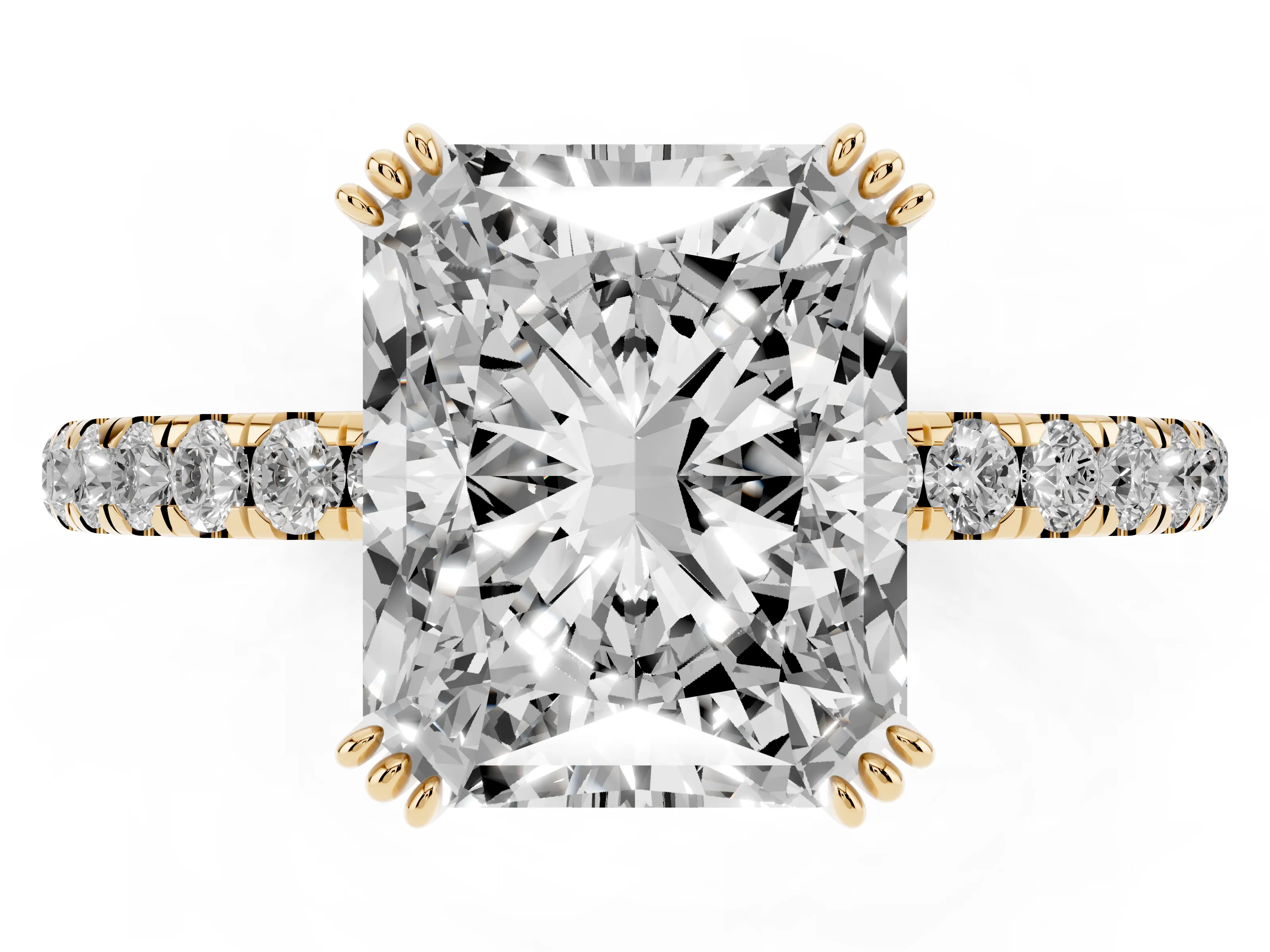 Radiant Cut Diamond Brilliant Solitaire Set in Yellow gold with Pavé Band and Claw Prong Setting