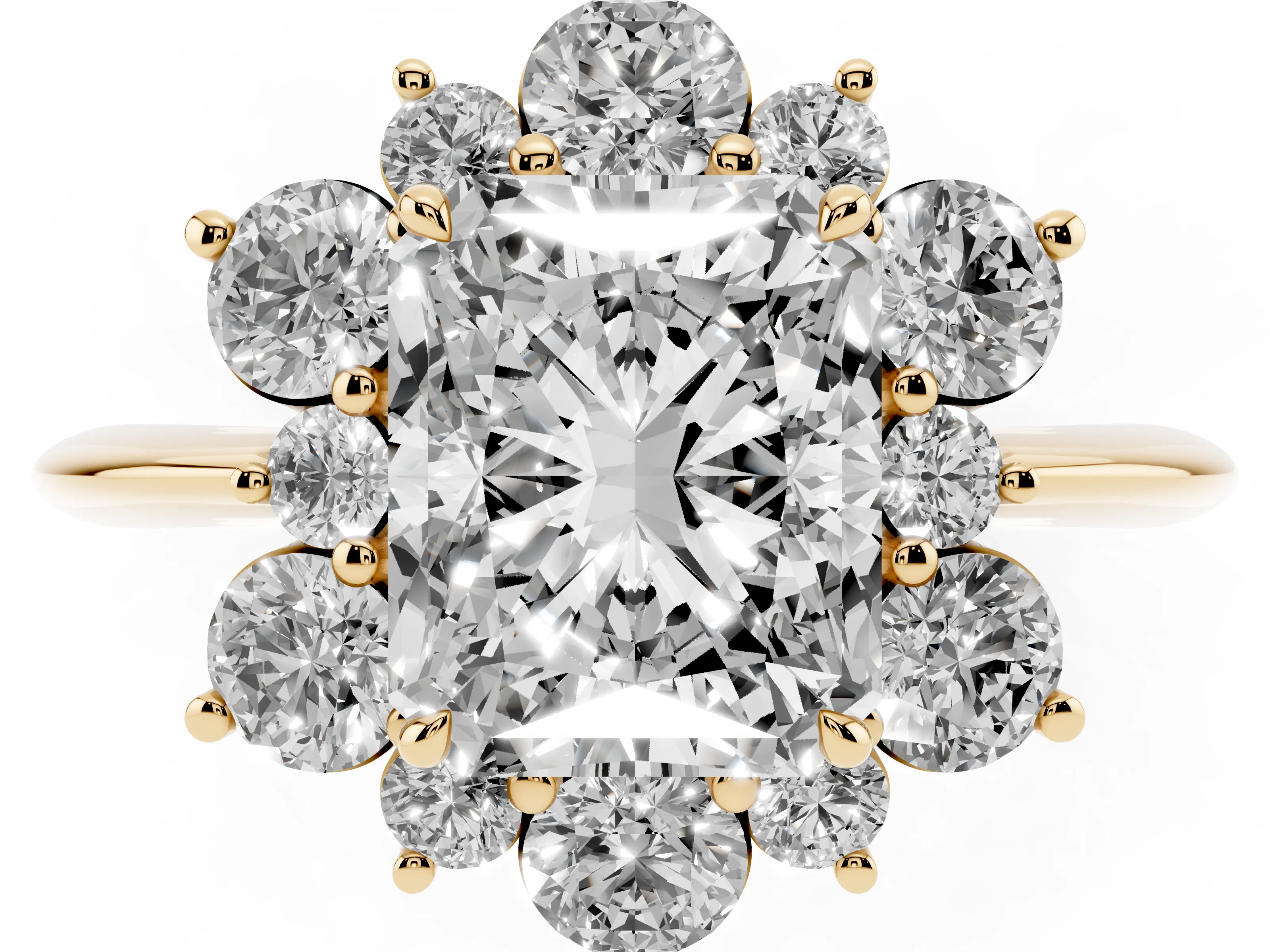 Radiant Cut Diamond Cluster Halo Ring Set in Yellow gold with Solitaire Band and Prong Setting