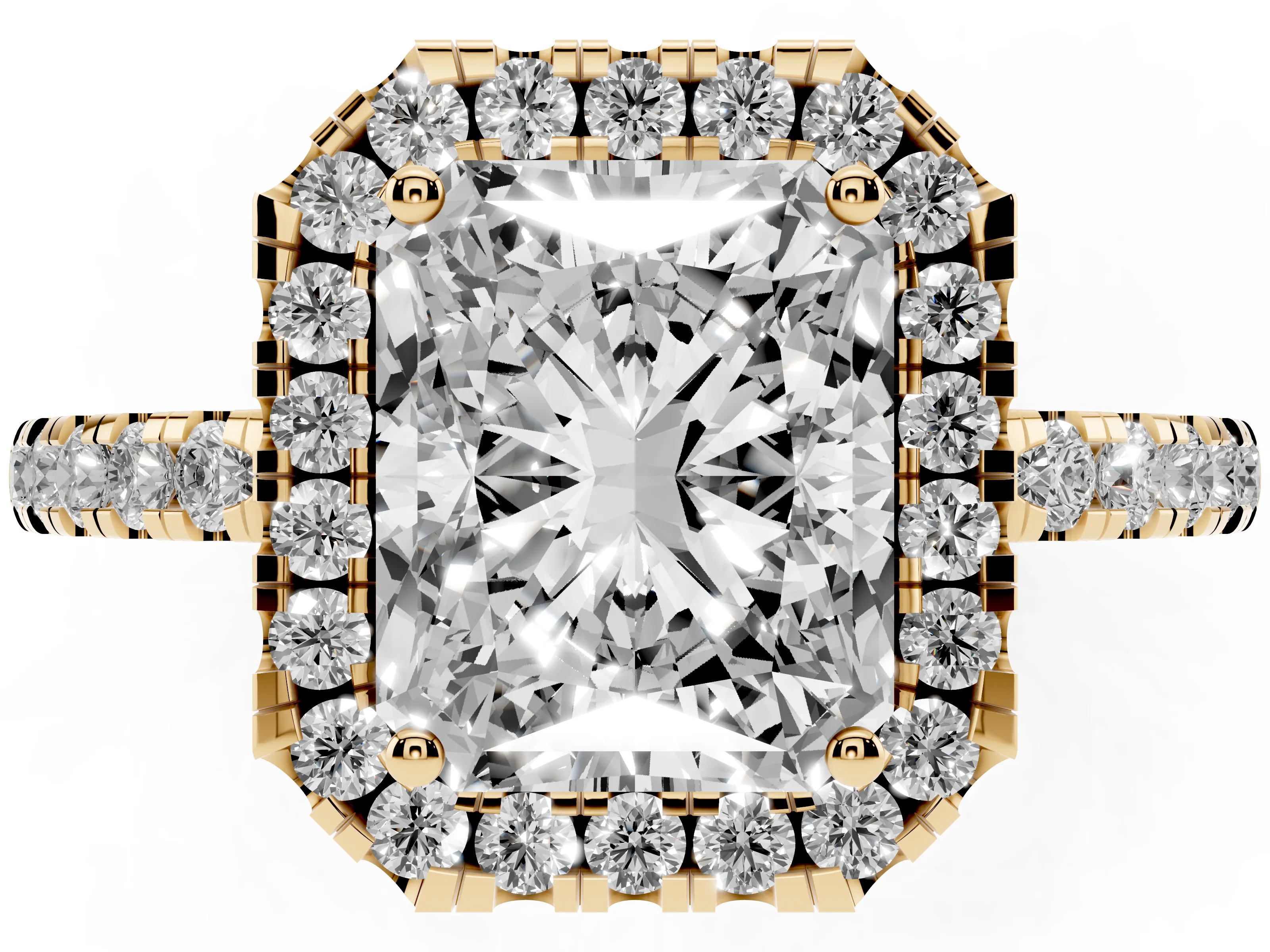 Radiant Cut Diamond Pavé Band Halo Engagement Ring Set in Yellow gold with Prong Setting