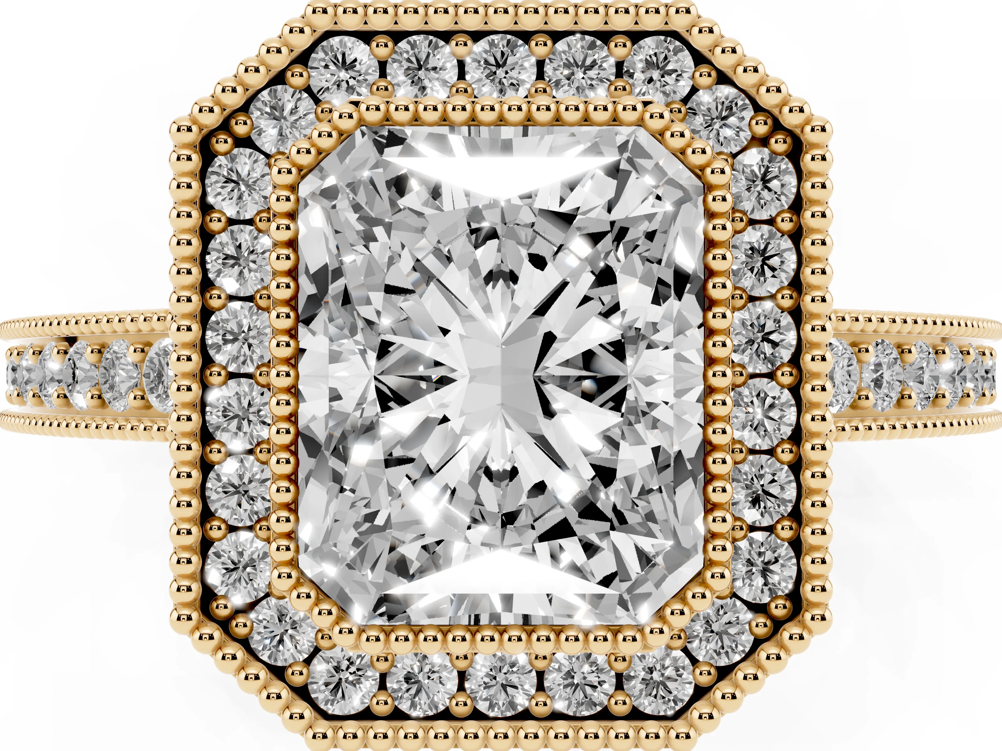 Radiant Cut Diamond Round Halo Ring Set in Yellow gold with Pavé Band