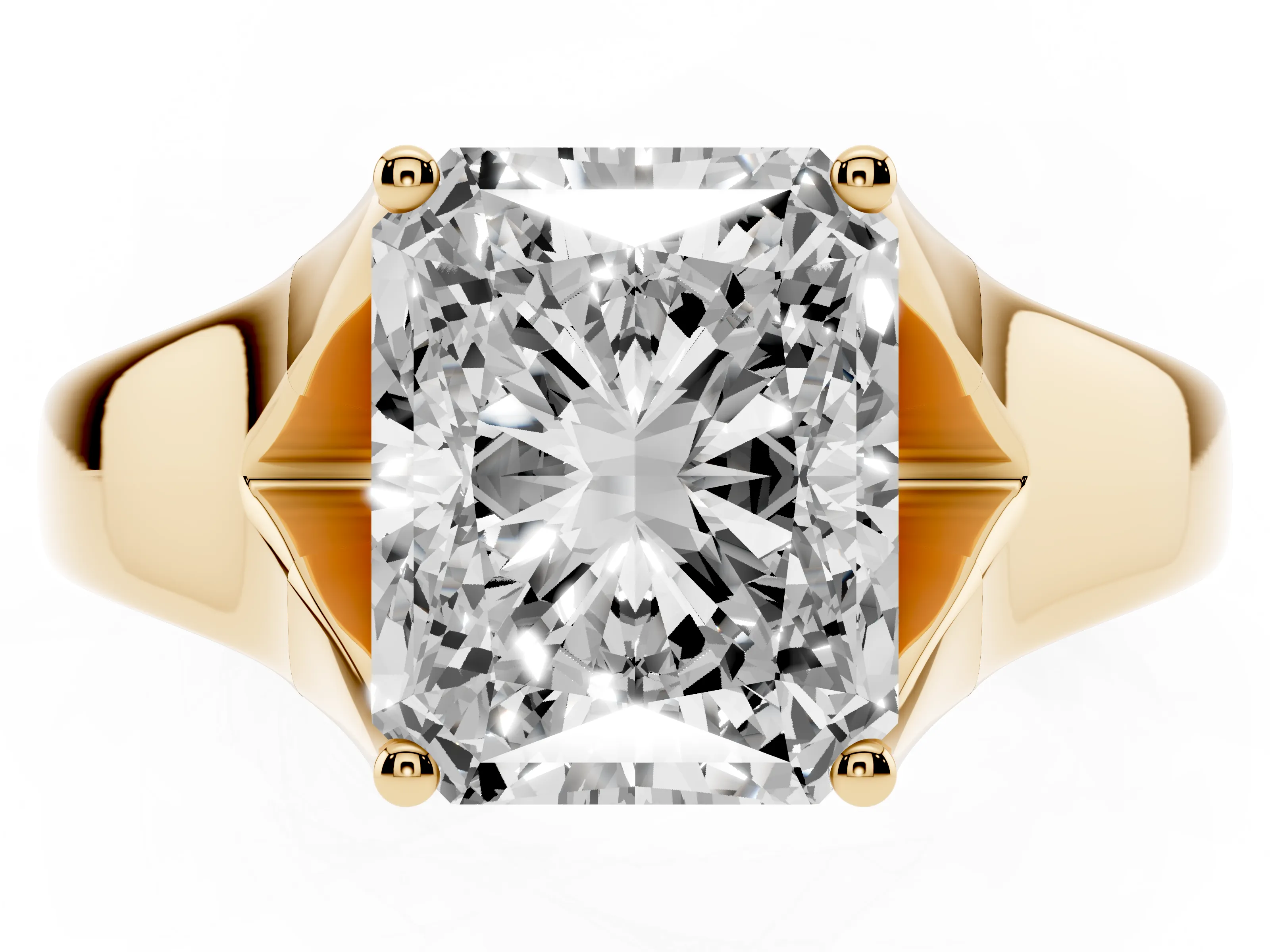 Radiant Cut Diamond Solitaire Ring Set in Yellow gold with Arched Cathedral Band and Prong Setting