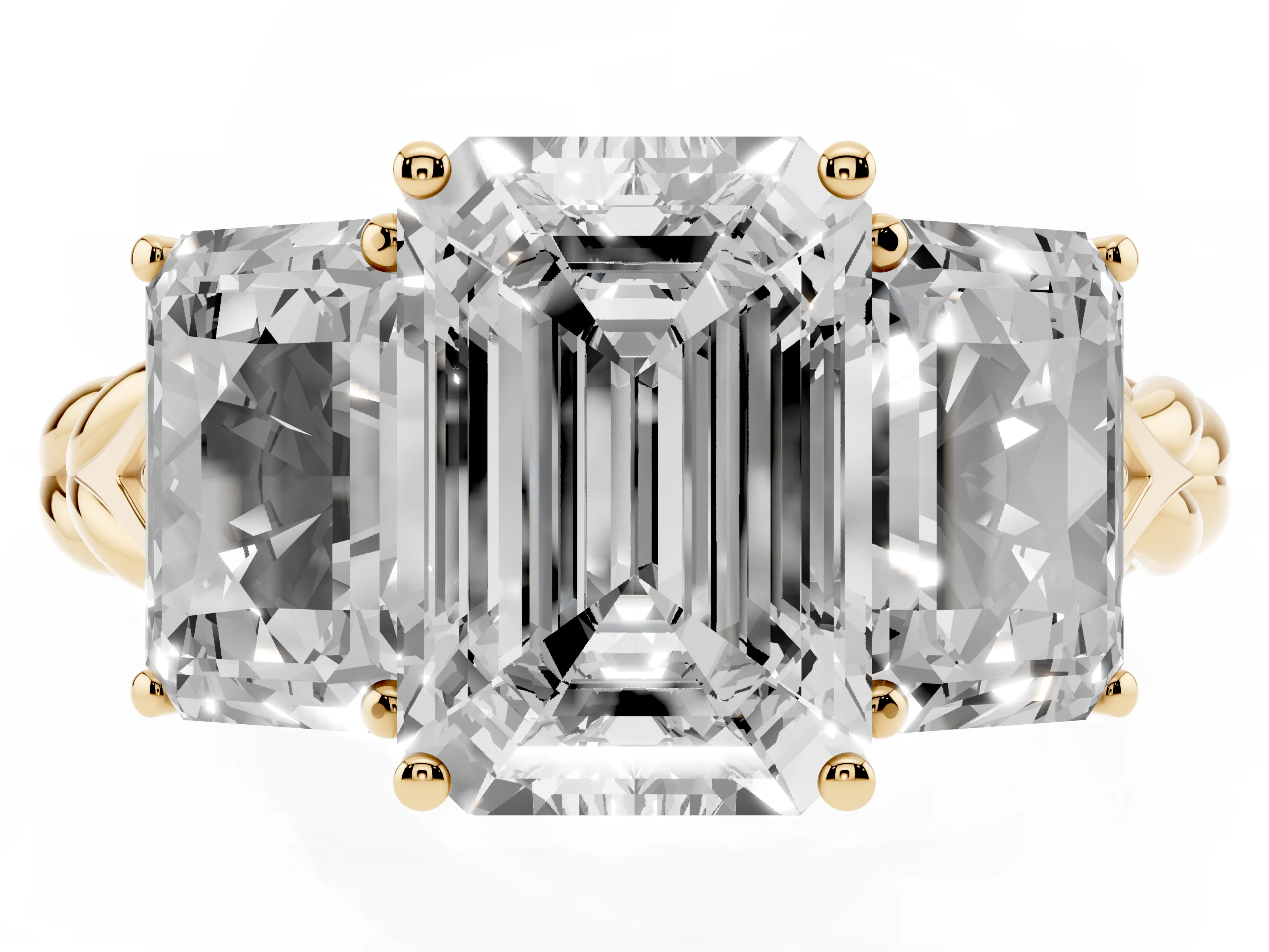 Radiant Cut Diamond Three-Stone Ring Set in Yellow gold with Braided Band