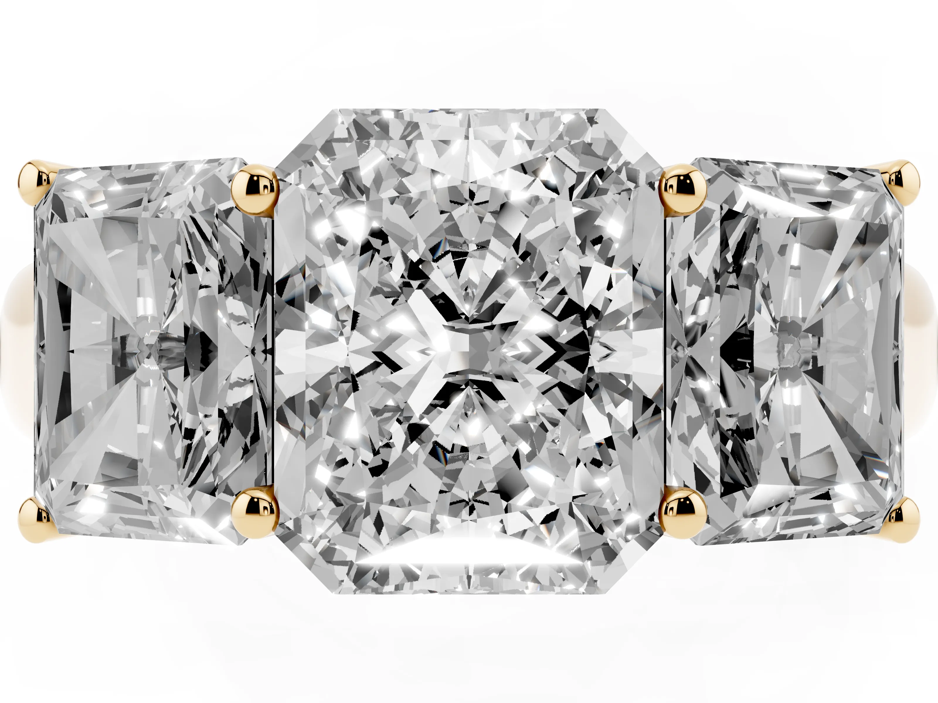 Radiant Cut Diamond Three-Stone Ring Set in Yellow gold with Plain Polished Band