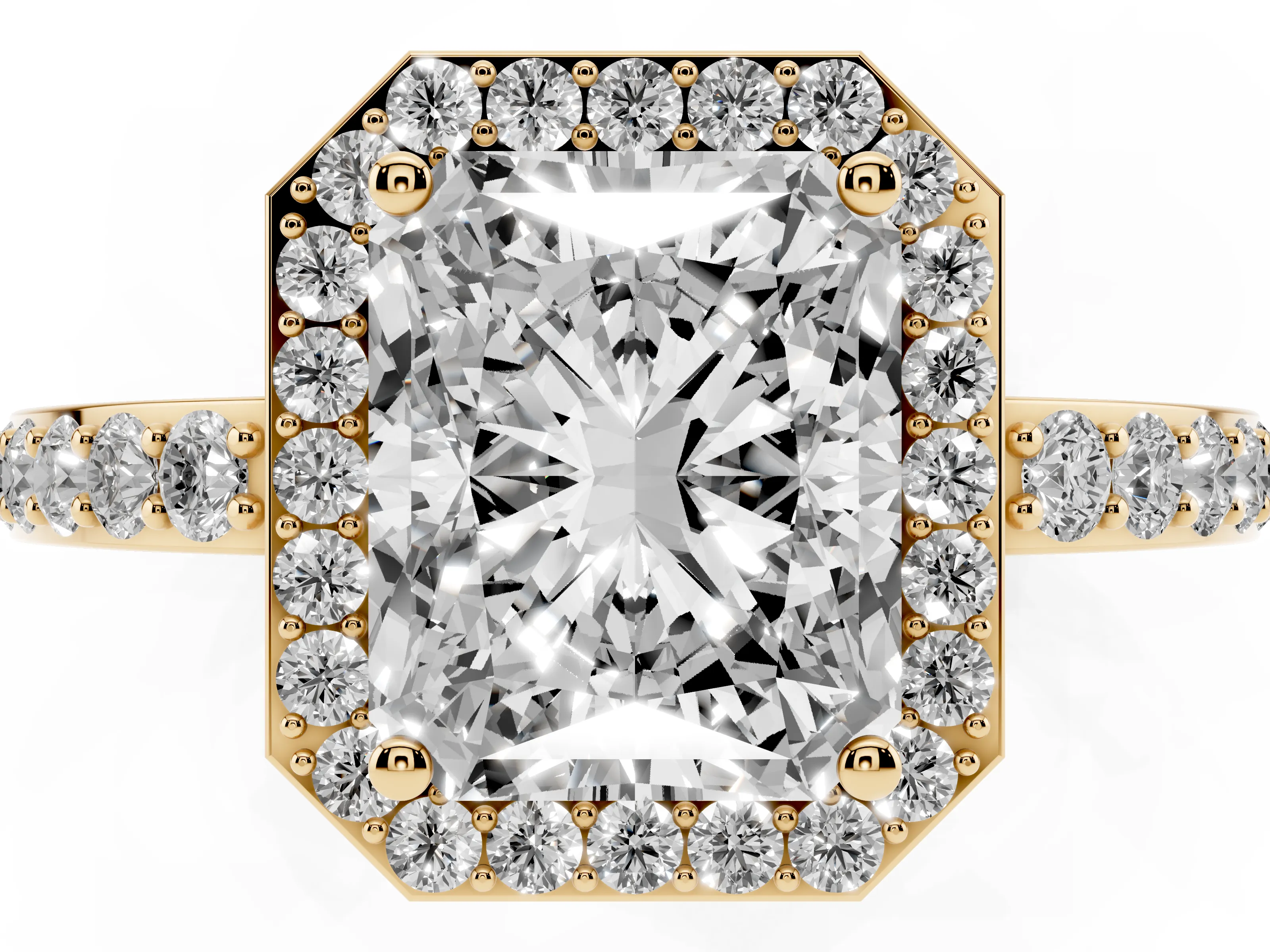 Radiant Cut Diamond Halo Ring Set in Yellow gold with Pavé-Setting Band and Open Prong Center