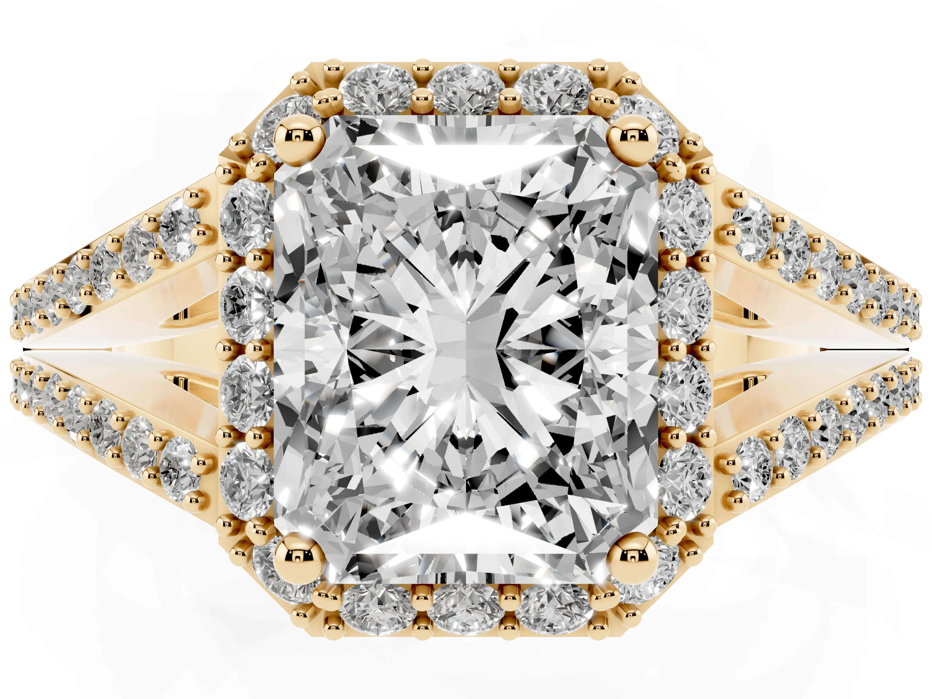 Radiant Cut Diamond Halo Split Shank Pavé Ring Set in Yellow gold with Prong Setting