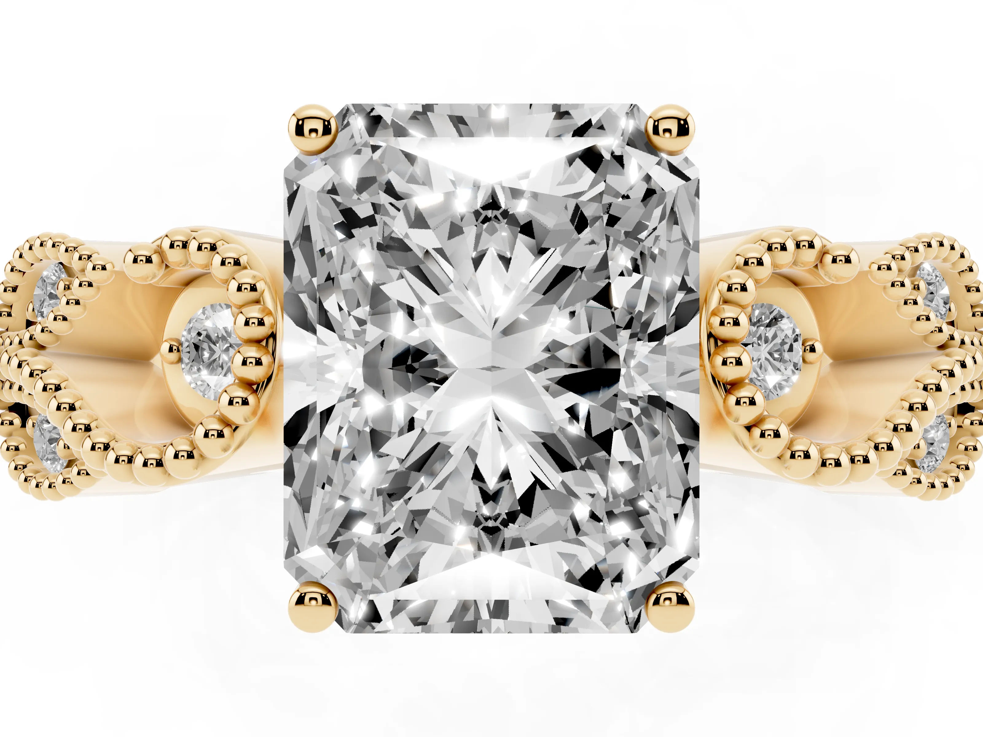 Radiant Cut Diamond Milgrain Leaf Band Solitaire Ring Set in Yellow gold with Accent Stones and Prong Setting