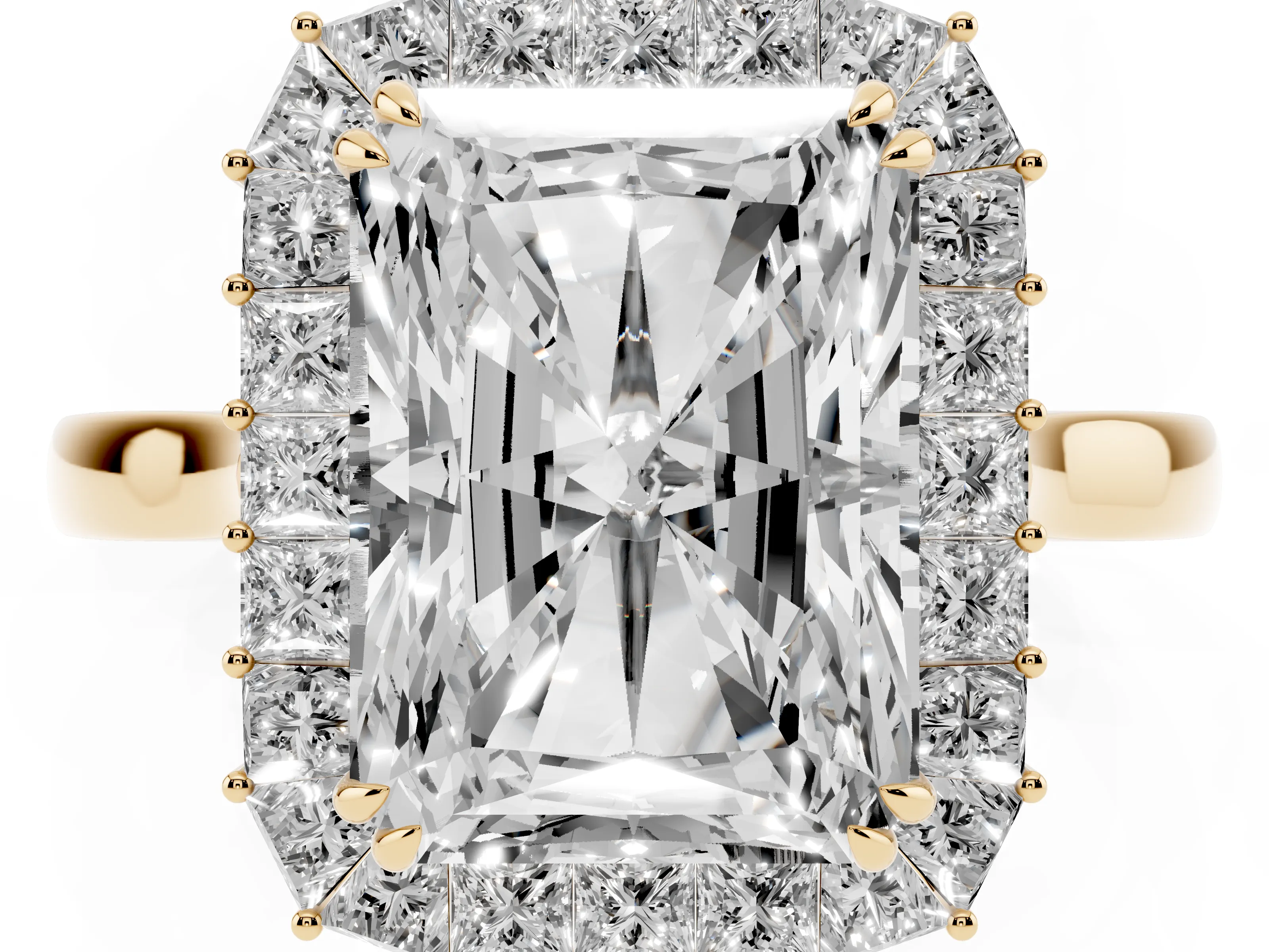 Radiant Diamond Baguette Halo Ring Set in Yellow gold with Round Accents and Slim Band