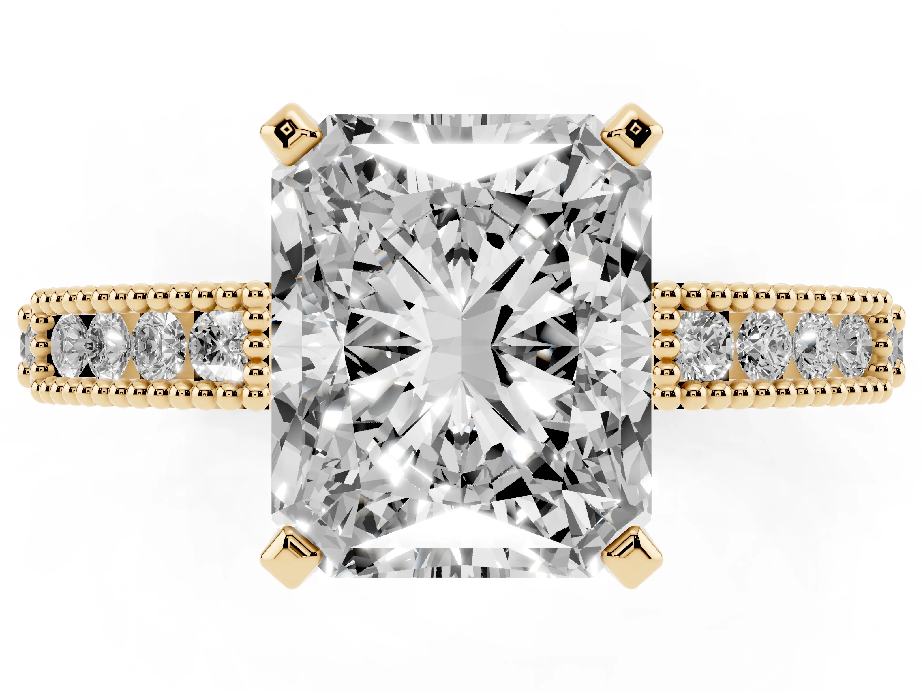 Radiant Cut Diamond Solitaire Ring Set in Yellow gold with Slim Pavé Band and Prong Setting