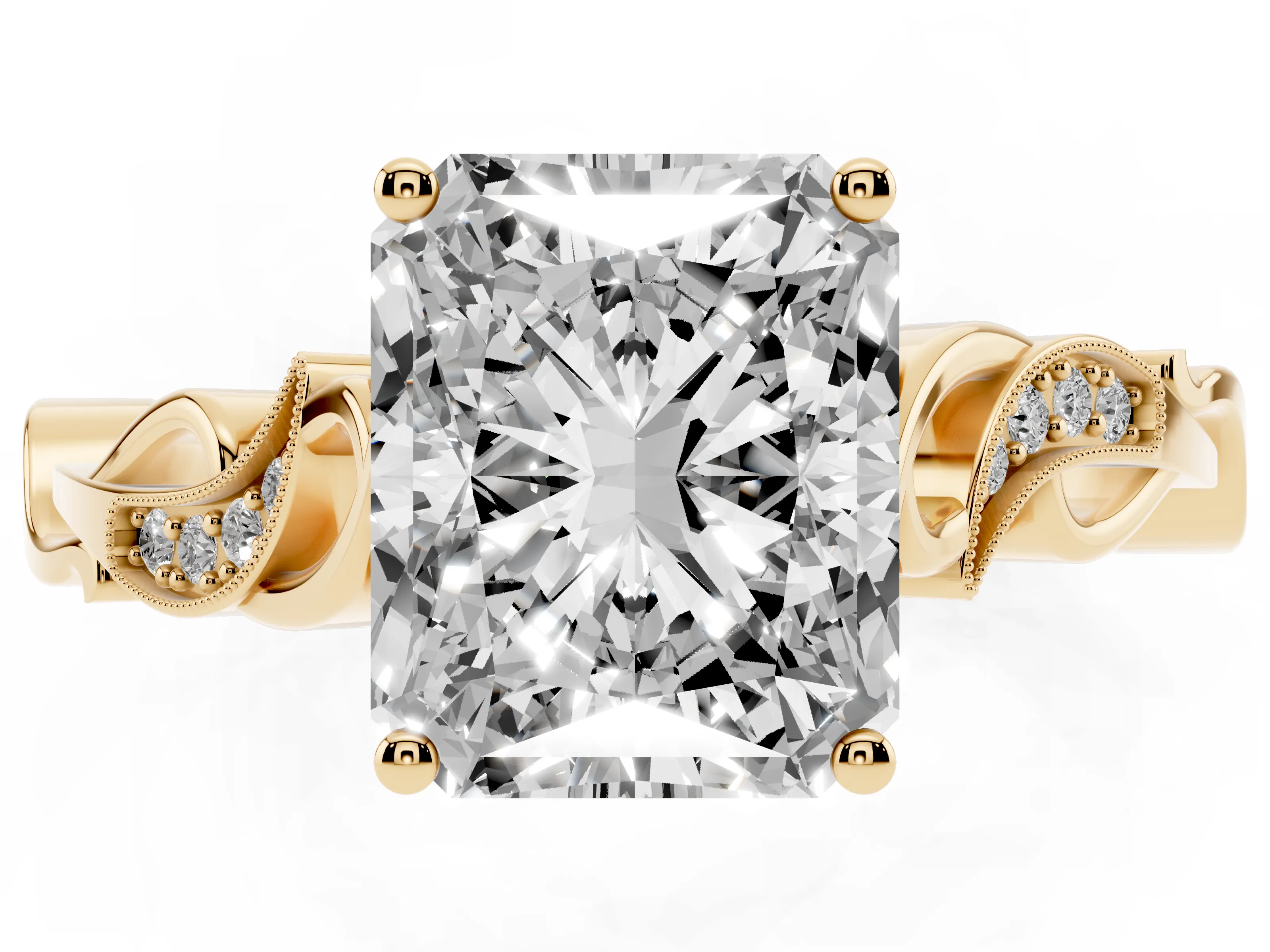 Radiant Cut Diamond Vine Band Solitaire Ring Set in Yellow gold with Milgrain Prong Setting