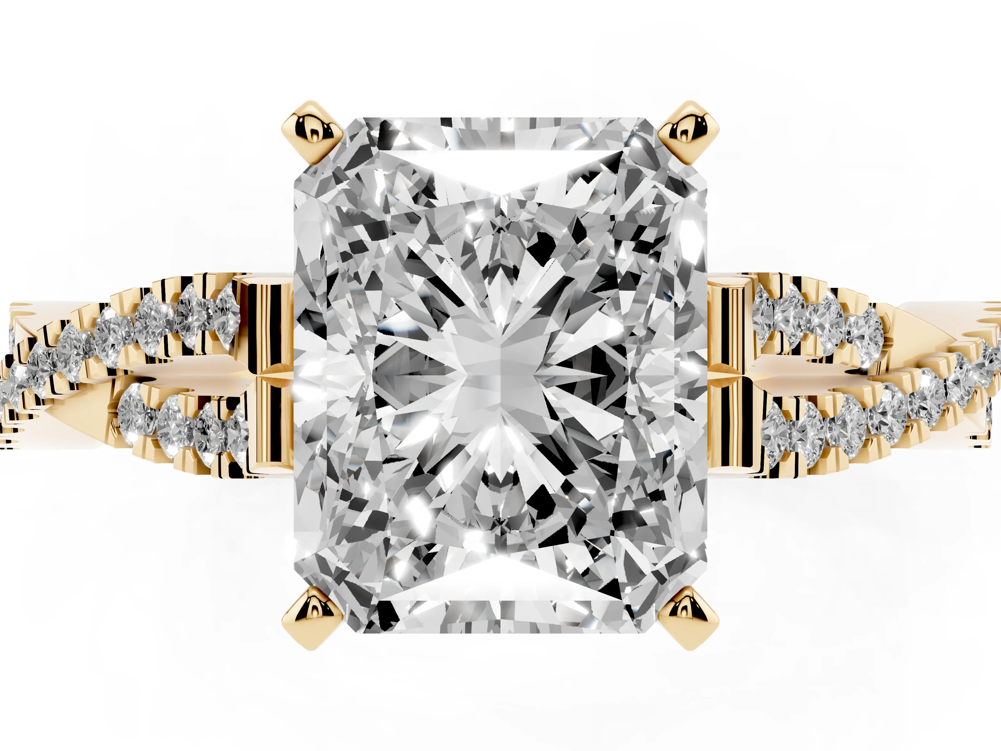 Radiant Cut Diamond Solitaire Engagement Ring Set in Yellow gold with Twisted Pavé Band and Prong Setting