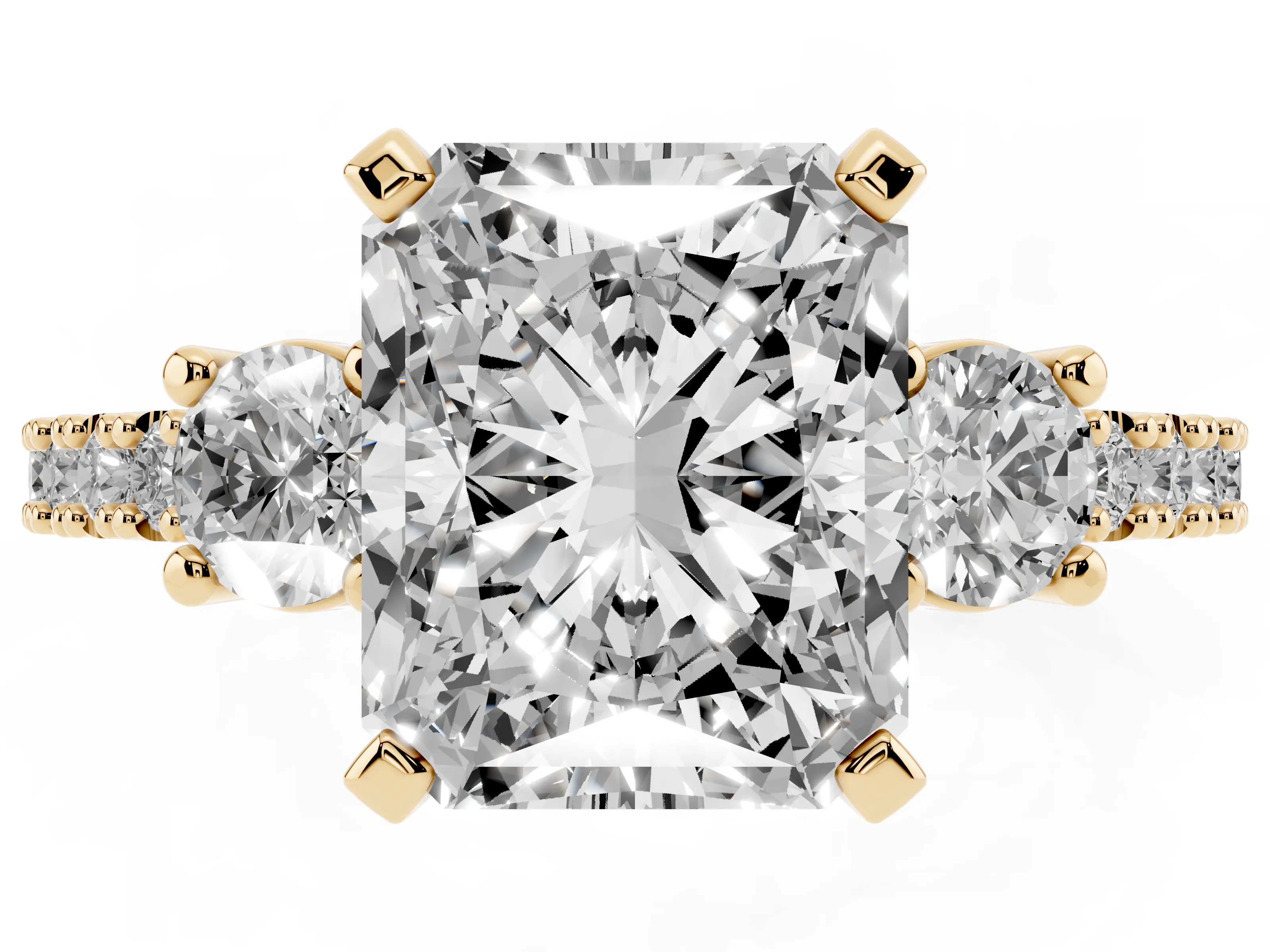 Three-Stone Radiant Cut Diamond Pavé Band Ring Set in Yellow gold with Prong Setting