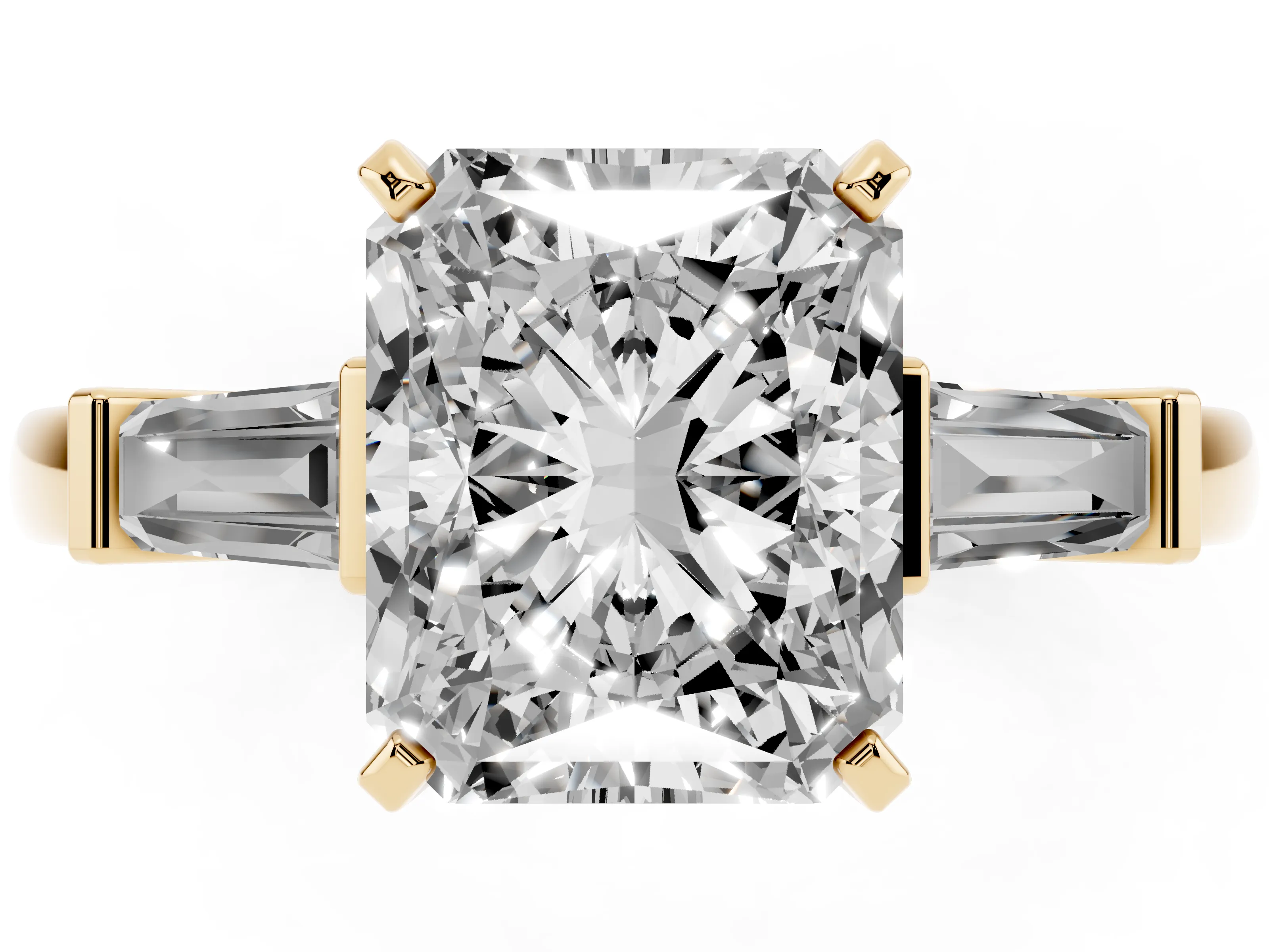 Radiant Cut Diamond Solitaire Ring Set in Yellow gold with Tapered Baguette Accents and Prong Setting