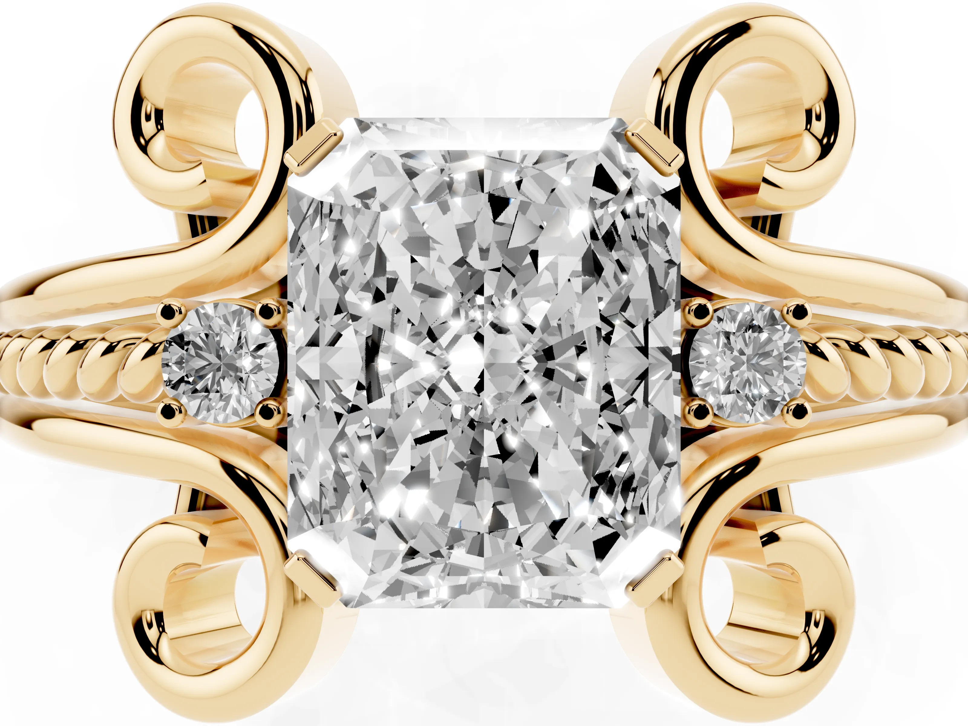 Radiant Cut Diamond Twisted Band Solitaire Ring Set in Yellow gold with Scroll Prongs