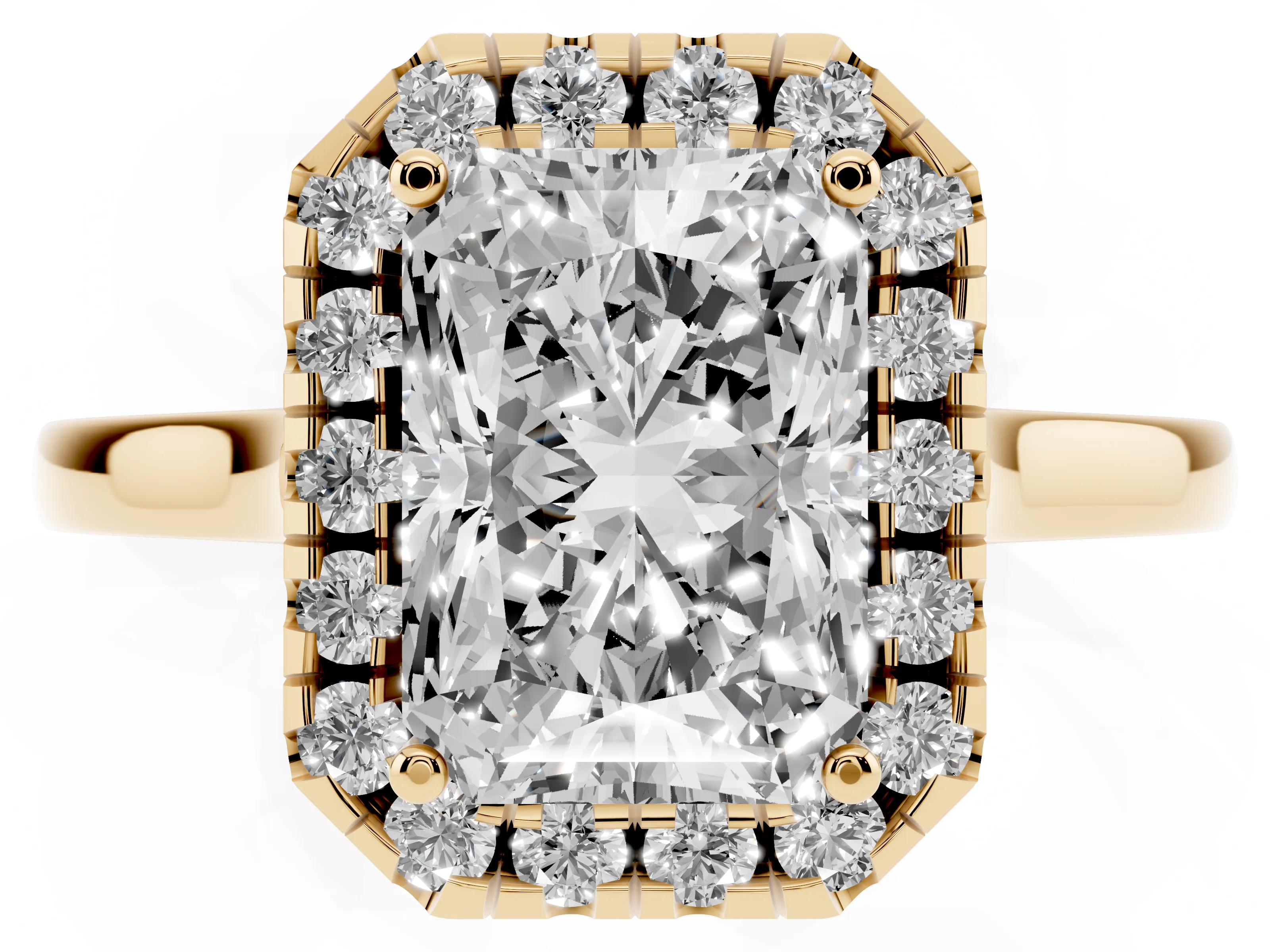 Radiant Cut Halo Round Diamond Solitaire Ring Set in Yellow gold with Pavé Band and Prong Setting