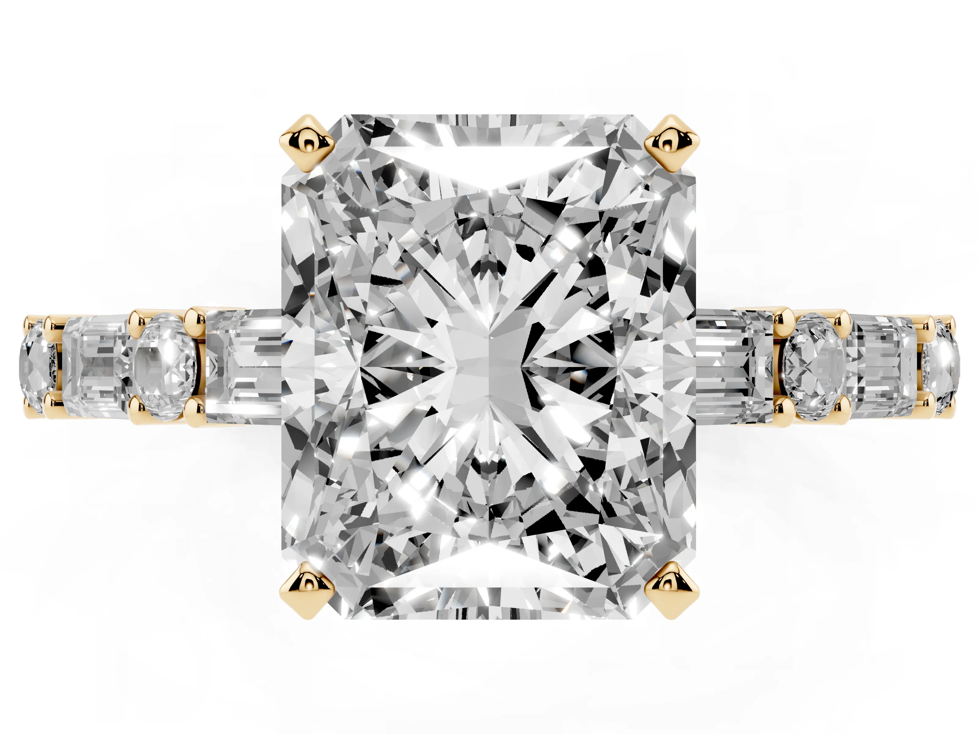 Radiant Cut Diamond Solitaire Set in Yellow gold with Side Baguettes and Channel Set Band